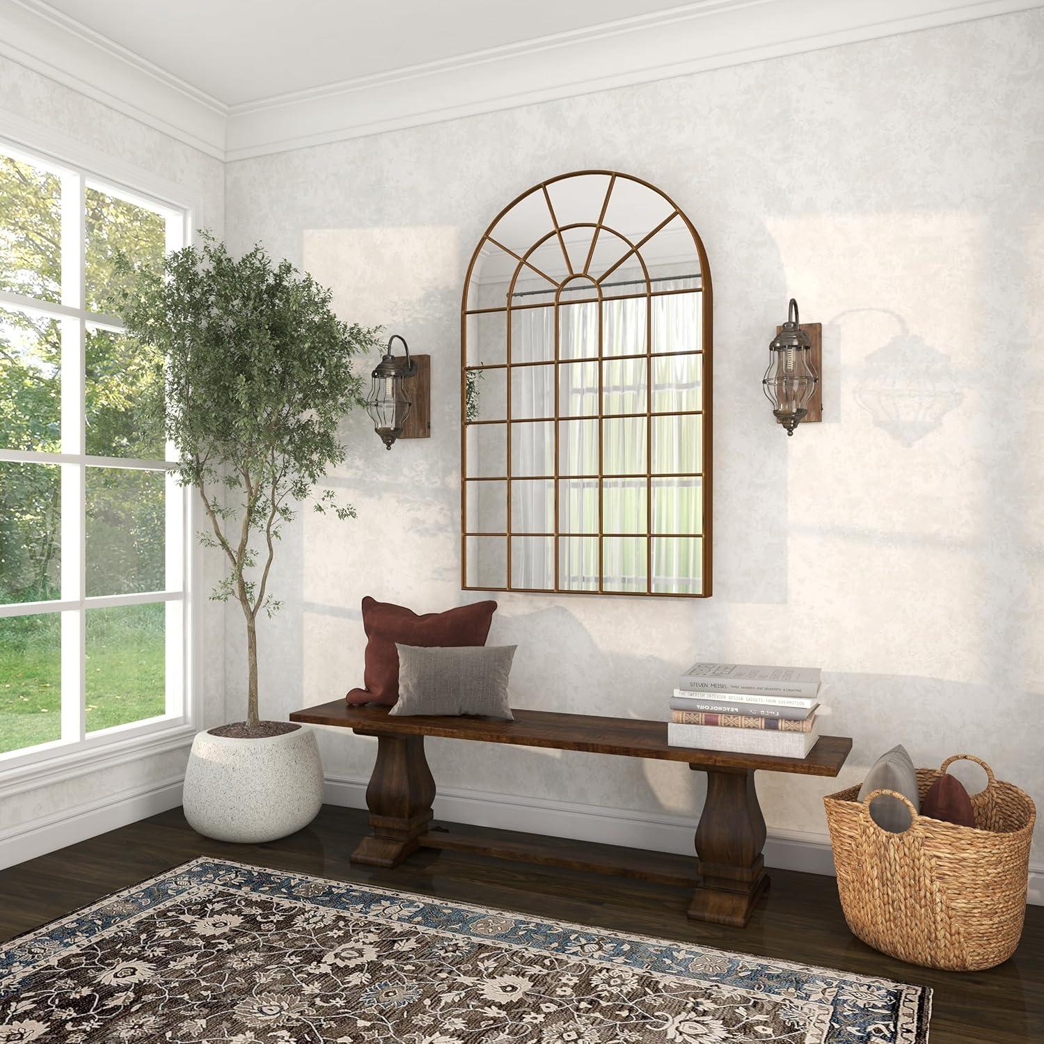 DecMode Contemporary Squre Wood Window Shaped Wall Mirror, 56"W x 44"H with Distressed Brass Colored Frame
