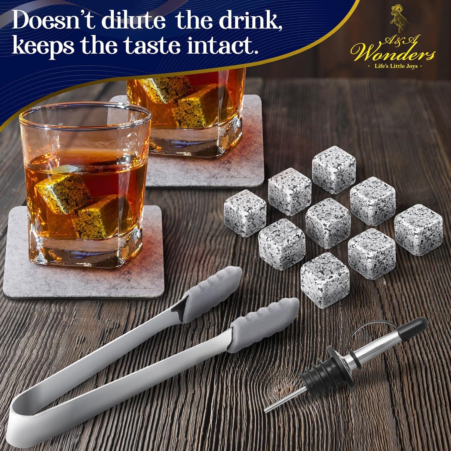 A&A Wonders Premium Whiskey Stones 100% Natural Granite Set of 4 Chilling Rocks Stone Reusable Ice Cubes for Drinks with Velvet Carrying Pouch, Gift for Whiskey Lovers