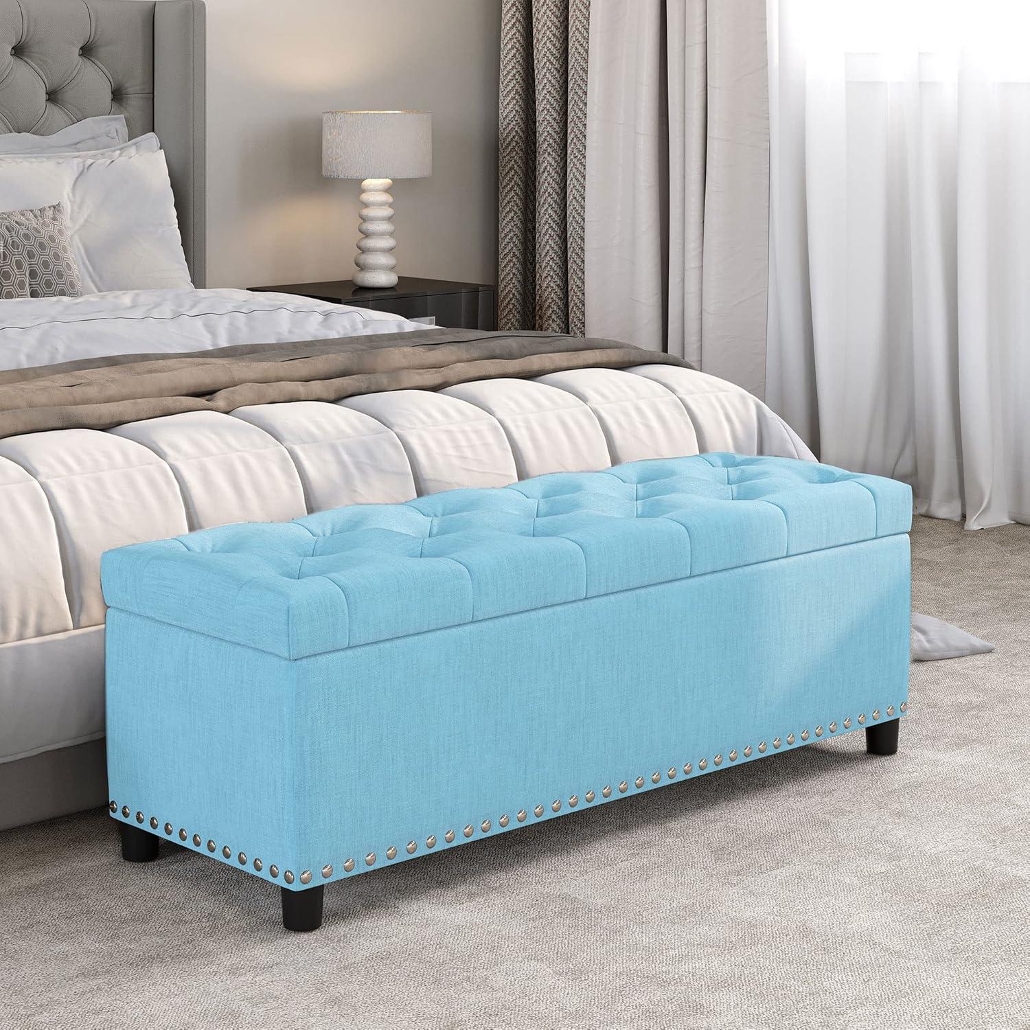 BELLEZE Button-Tufted Linen Storage Ottoman Bench - Brentwood (Blue)
