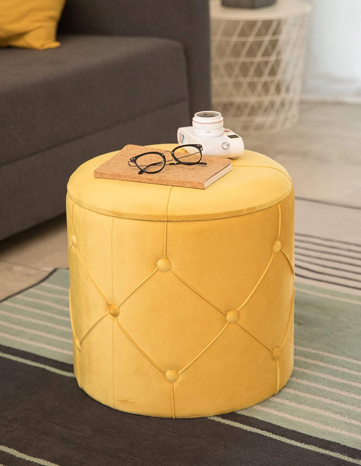 Fabulaxe  15.75 x 15.5 in. Round Wooden Velvet Ottoman Stool with Lid, Yellow