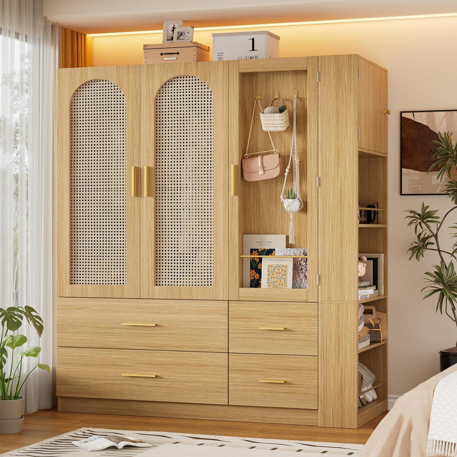 Everly Quinn Freestanding Armoire Wardrobe Closet with 2 Woven Doors