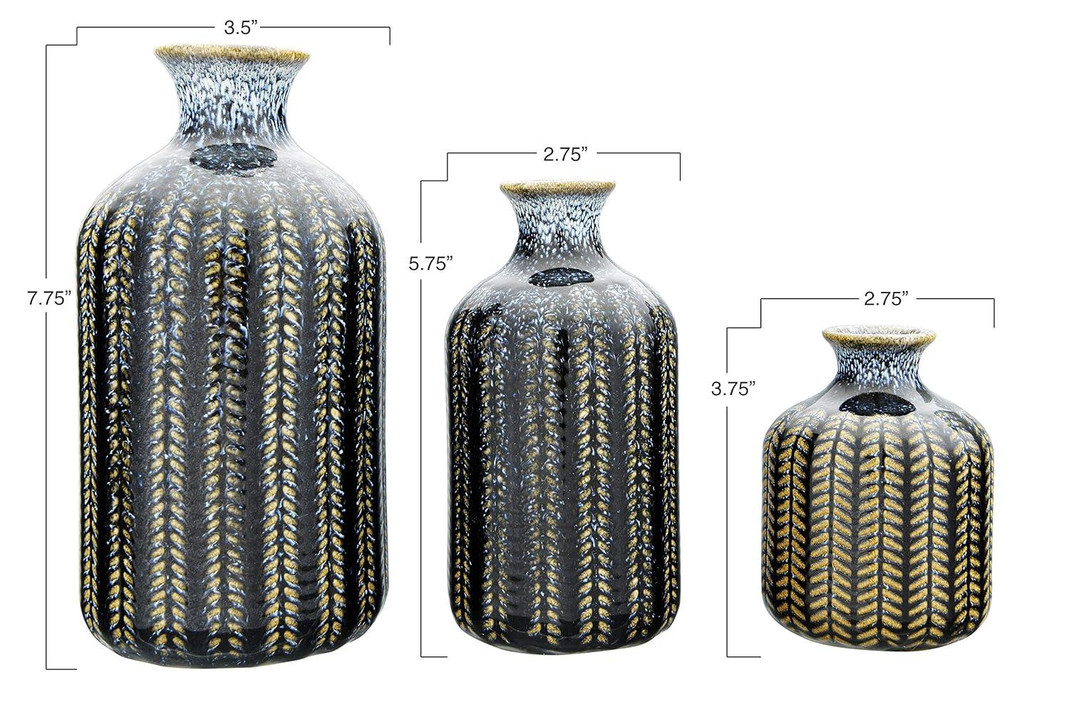Creative Co-Op Round Embossed Stoneware Vase with Vertical Lines and Reactive Glaze Finish, Blue, Set of 3