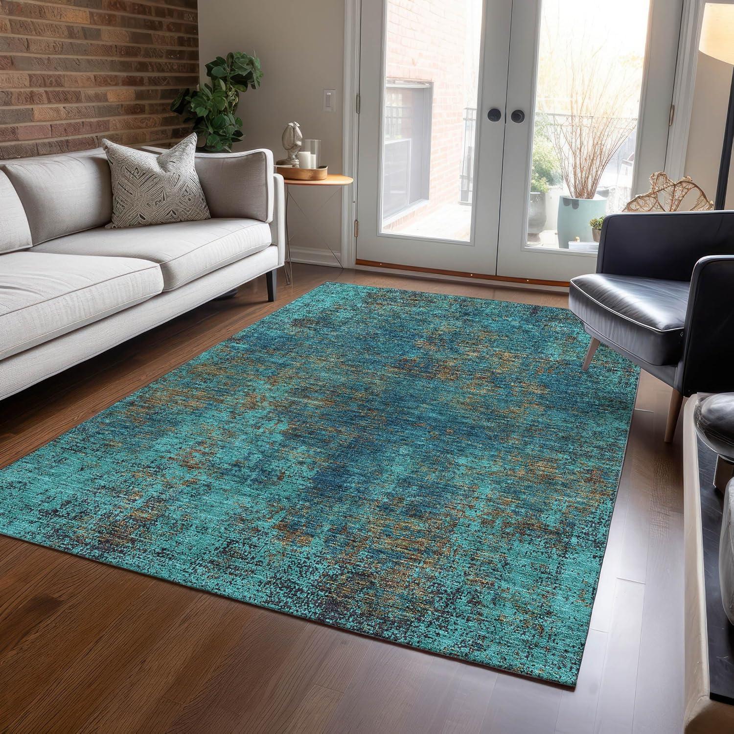 Teal Abstract Flat Woven Indoor Outdoor Area Rug