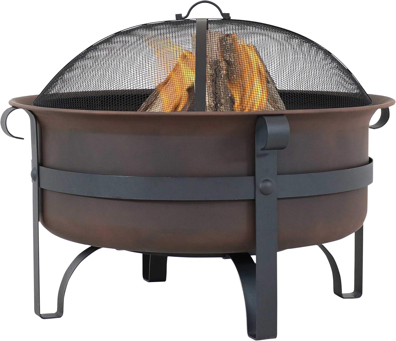 Sunnydaze Outdoor Camping or Backyard Large Round Cauldron Fire Pit Bowl with Log Poker and Spark Screen - 29"