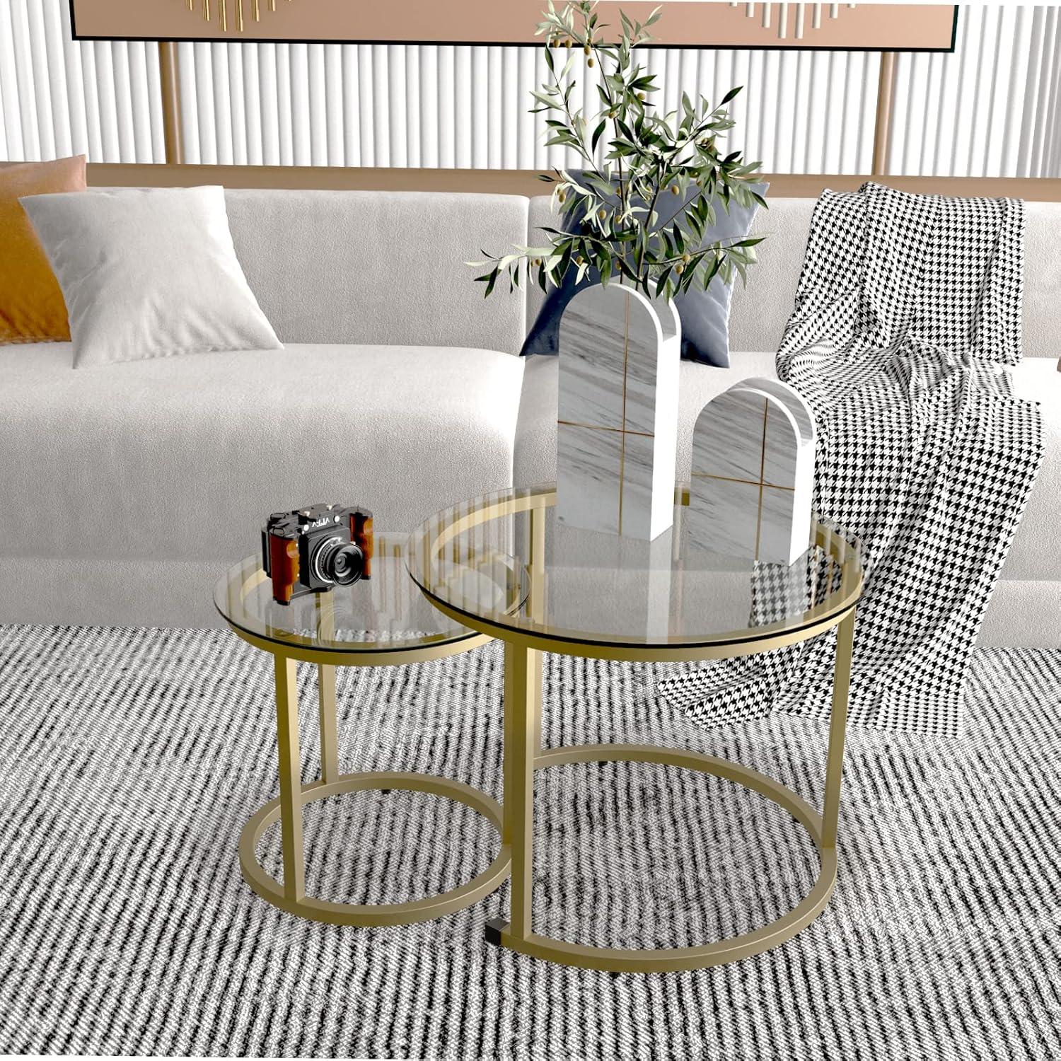 Gold Round Glass Nesting Coffee Table Set with Metal Frame