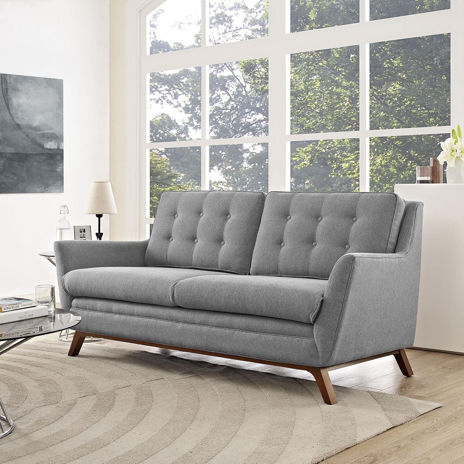 Expectation Gray Tufted Fabric Loveseat with Walnut Base