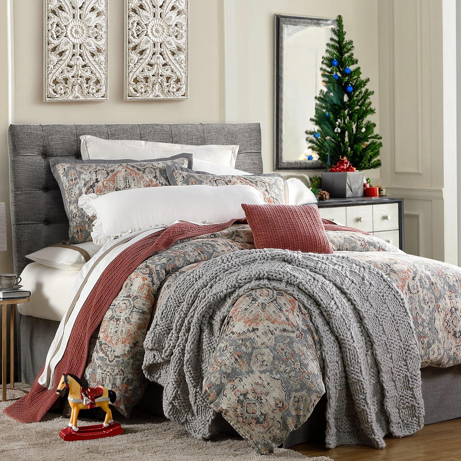 Gray Medallion Pattern Linen King Duvet Cover Set