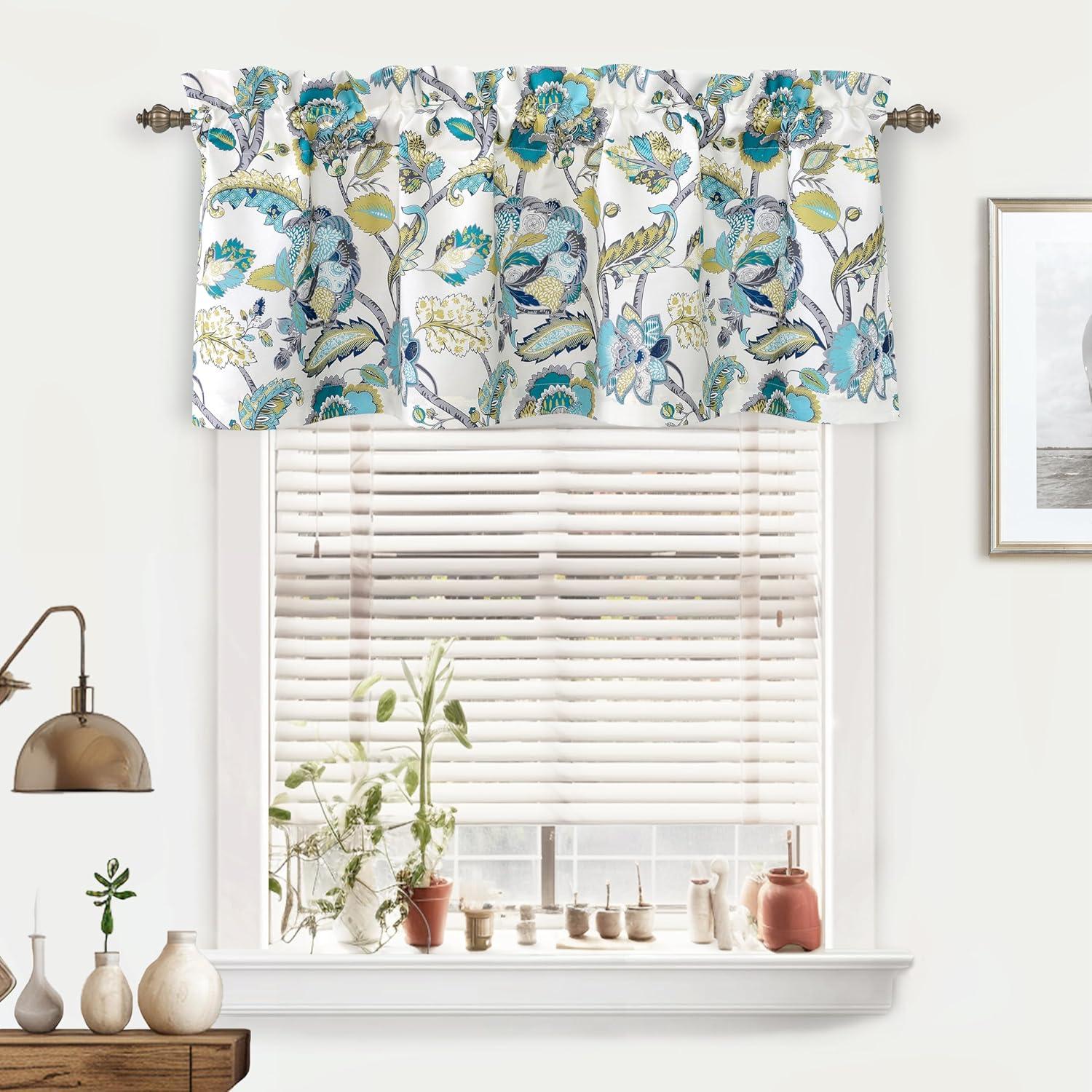 Layla Teal and Ivory Floral Room Darkening Rod Pocket Valance