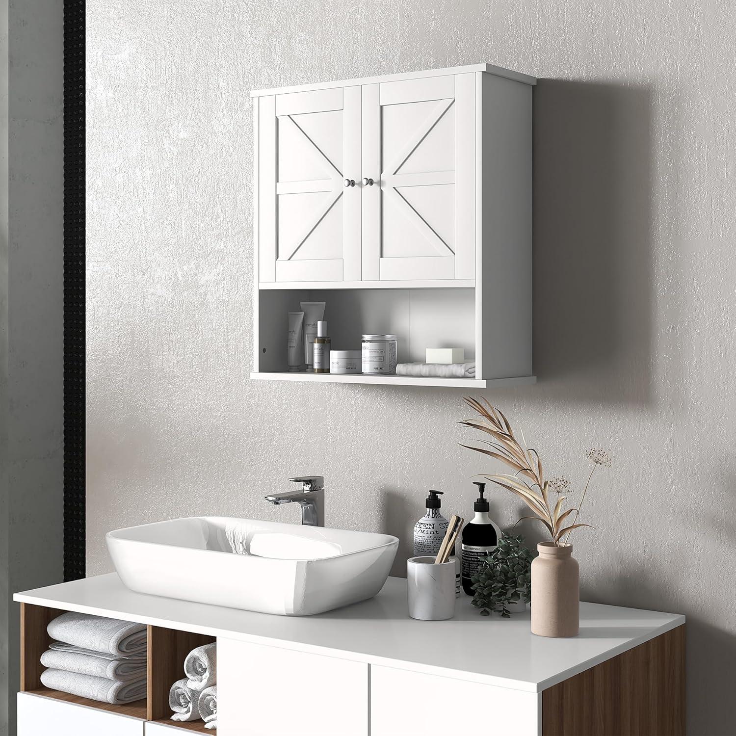 kleankin Bathroom Wall Cabinet, Farmhouse Medicine Cabinet with Open Shelf & Adjustable Shelf, Storage Cupboard for Laundry Room, White