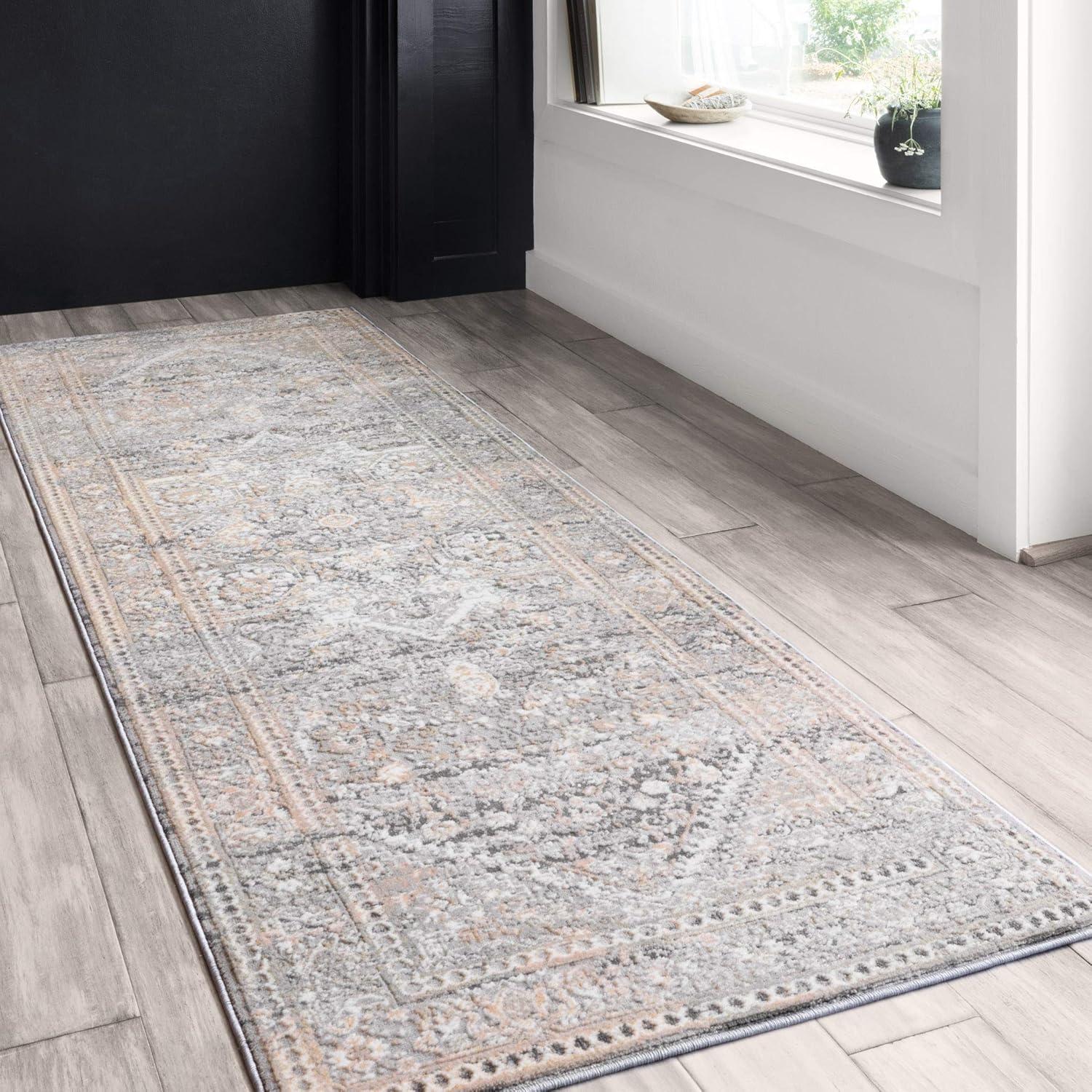 Gray and Sunset Stain-Resistant Synthetic Runner Rug, 32" x 96"