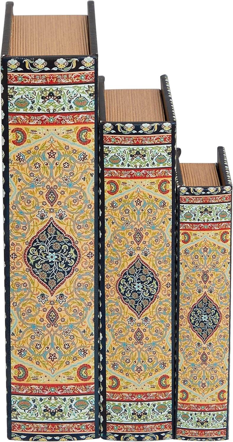 Deco 79 Canvas Decorative Box Storage Book Book Shaped Boxes with Arabesque Pattern and Gold Page Inspired Detail, Set of 3 Decorative Keepsake Boxes 12, 10, 8" H, Multi Colored