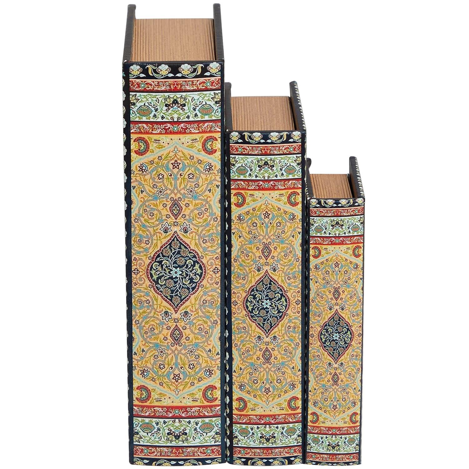 Deco 79 Canvas Decorative Box Storage Book Book Shaped Boxes with Arabesque Pattern and Gold Page Inspired Detail, Set of 3 Decorative Keepsake Boxes 12, 10, 8" H, Multi Colored