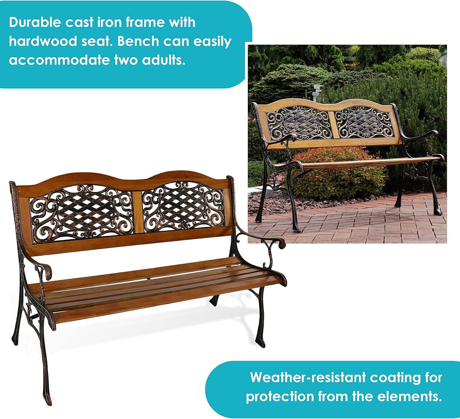 Sunnydaze 49" Black Cast Iron and Wood Outdoor Bench