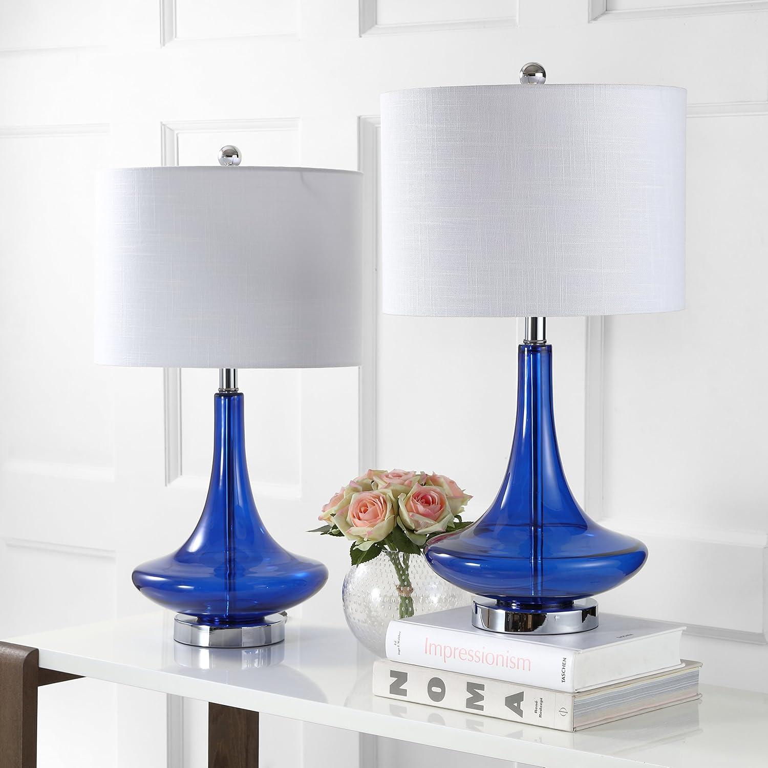 JONATHAN Y JYL1081D-SET2 Cecile 25.5" Glass Teardrop LED Table Lamp, Contemporary, Transitional for living room, dinning room, bedroom, office Bulb Included, Cobalt/Chrome (Set of 2)