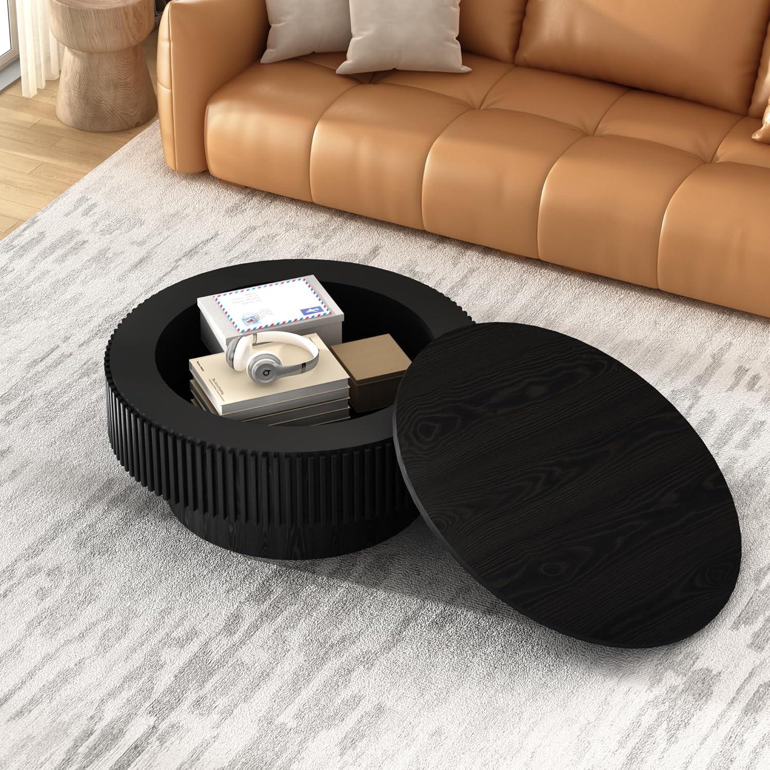 Round Coffee Table with Storage, Modern Wooden Coffee Table with Solid Wood Veneered, 31.5" Small Circle Center Table,Tea Table for Living Room,Home Small Space,Black