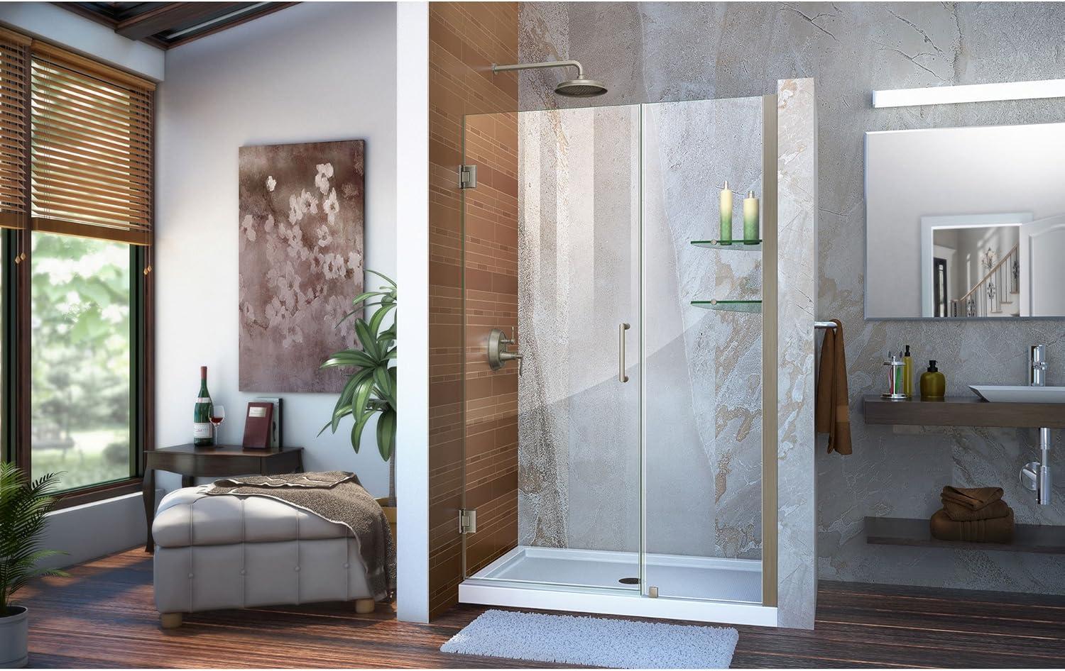 Unidoor Frameless Hinged Shower Door with Glass Shelves
