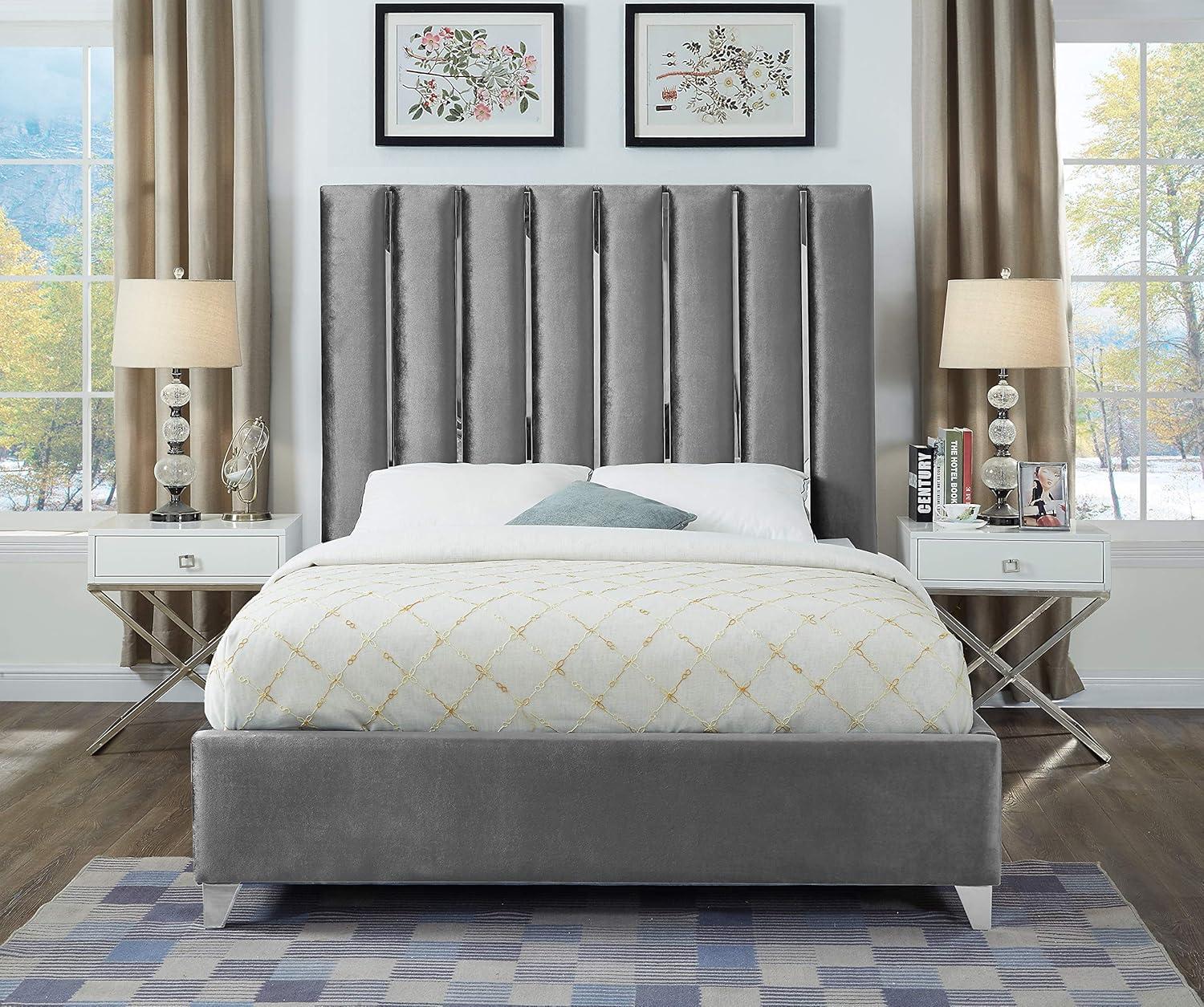 Grey Velvet Upholstered Queen Bed with Tufted Headboard