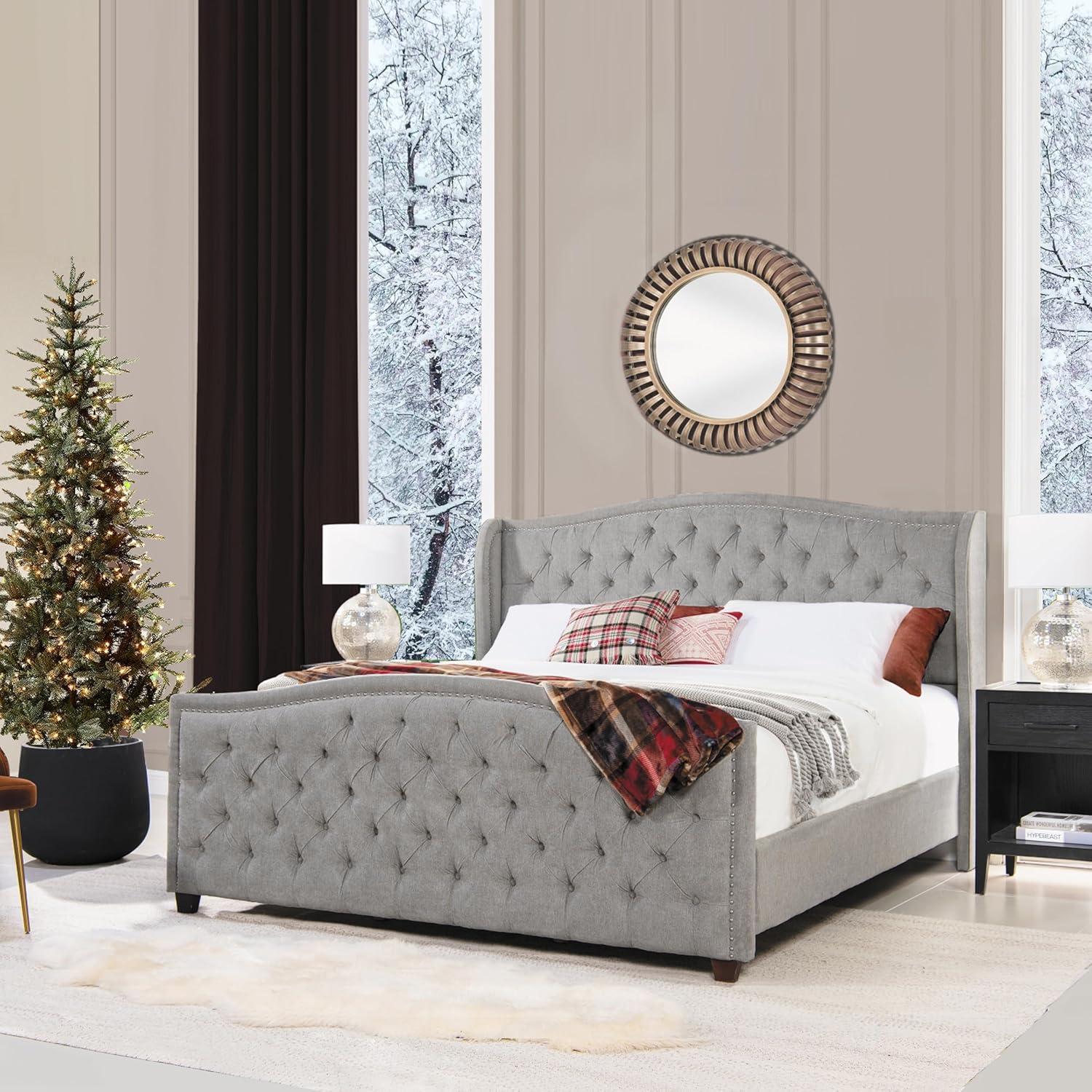 Marcella King Silver Grey Tufted Upholstered Bed with Nailhead Trim