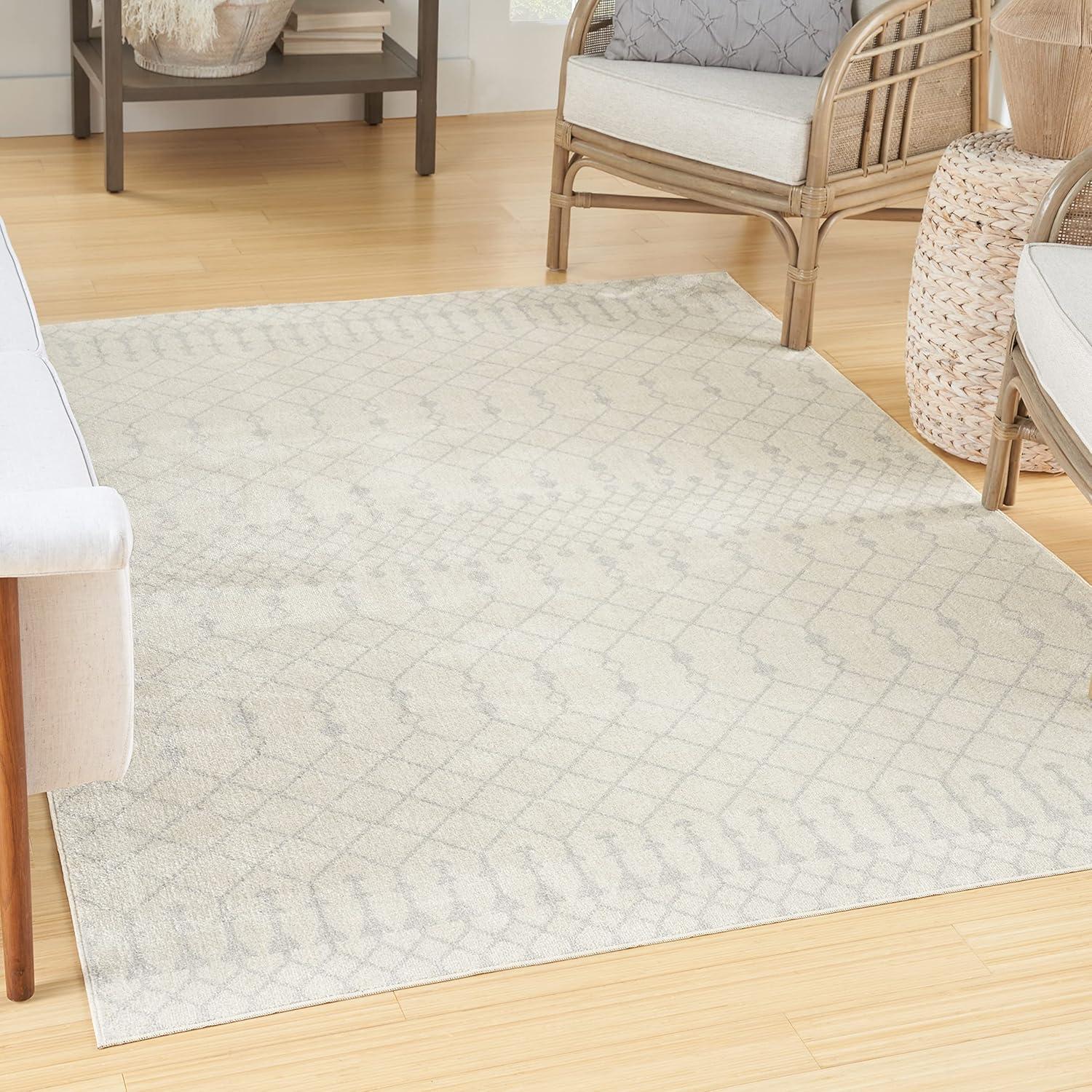 Ivory and Gray Moroccan Trellis Washable Area Rug 6'7" x 9'