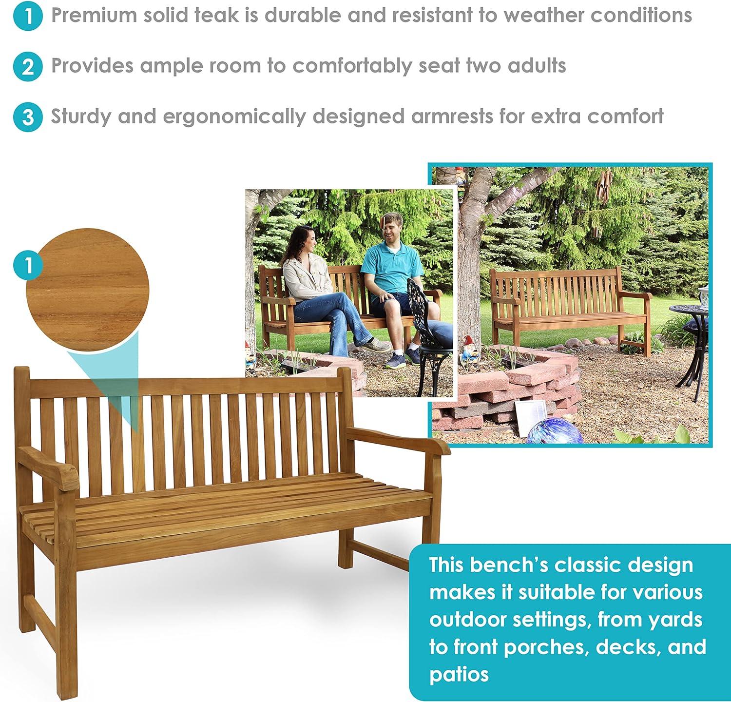 Sunnydaze Outdoor Solid Teak Wood with Light Stained Finish Patio Garden Bench Seat - 60" - Light Brown