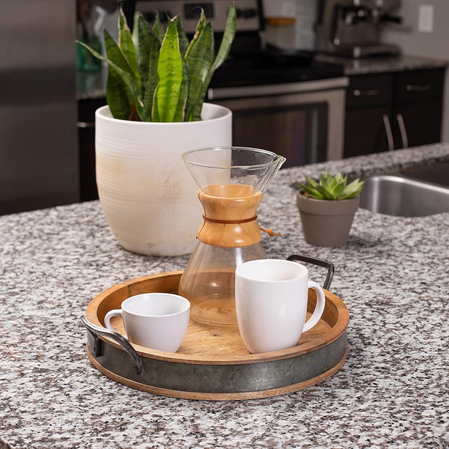 Large Round Wooden Breakfast Tray with Iron Handles