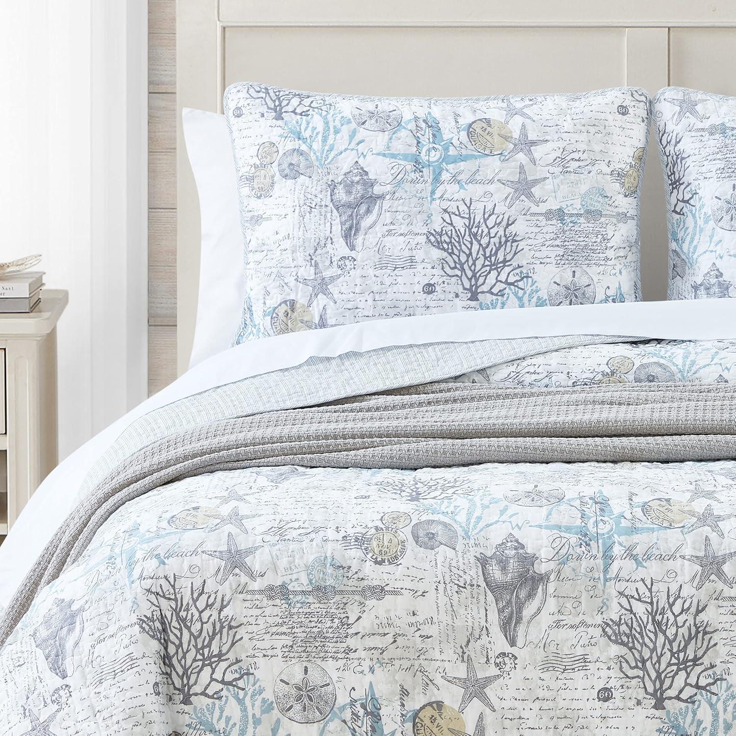 Coastal Breeze Gray King Cotton Quilt Set with Reversible Design