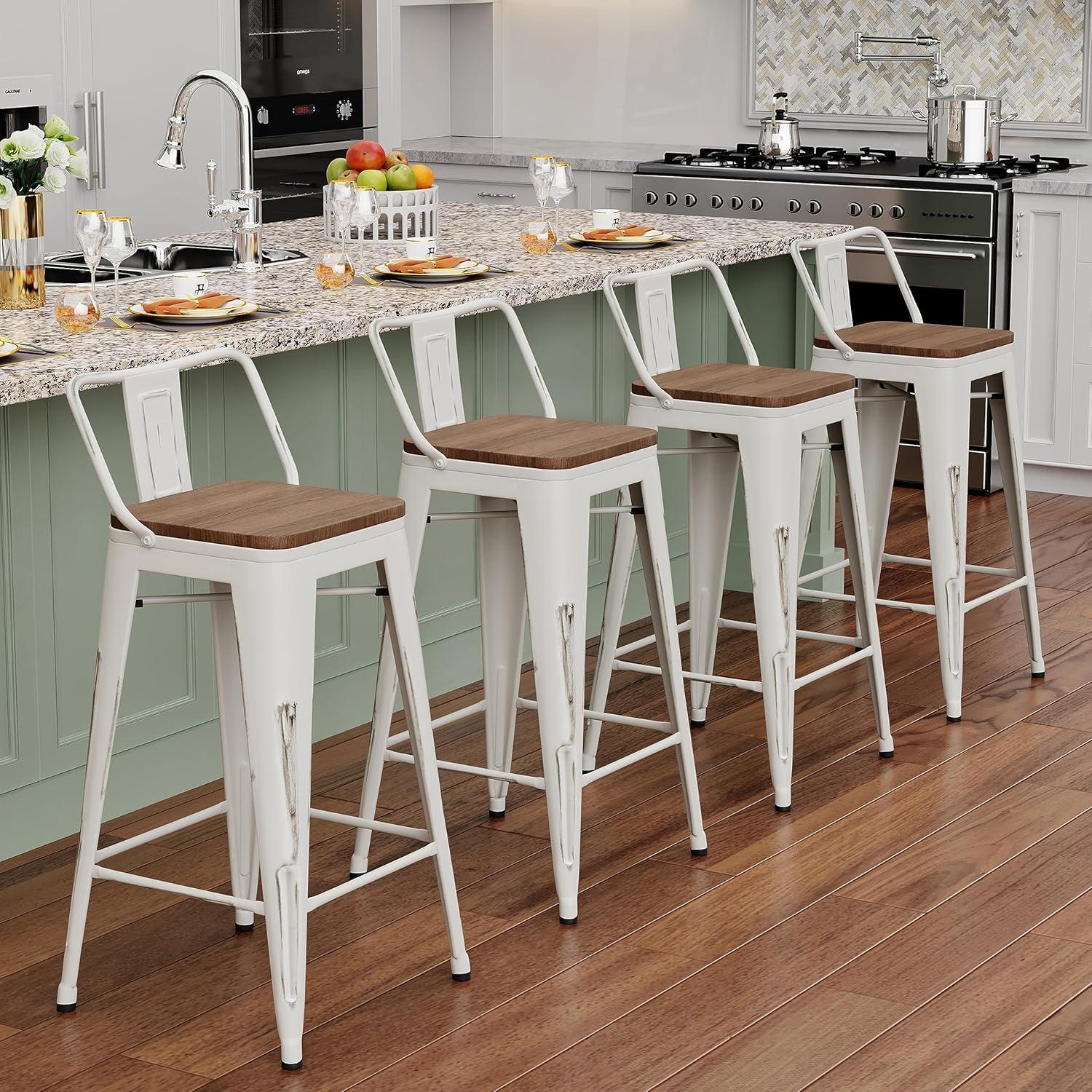 Set of 4 White Metal Bar Stools with Wooden Seats