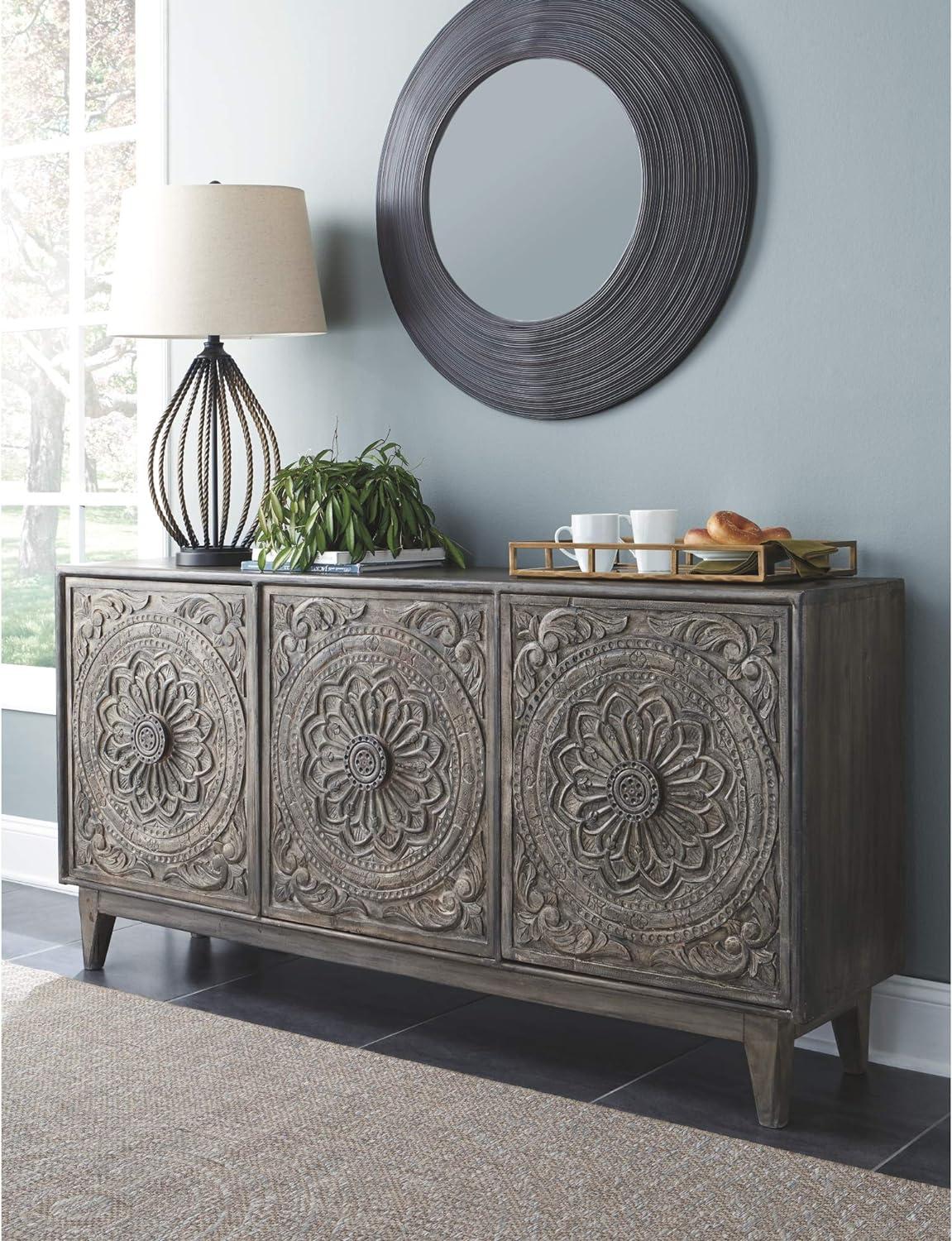 Exquisite Gray Hand-Carved 69'' Transitional Sideboard