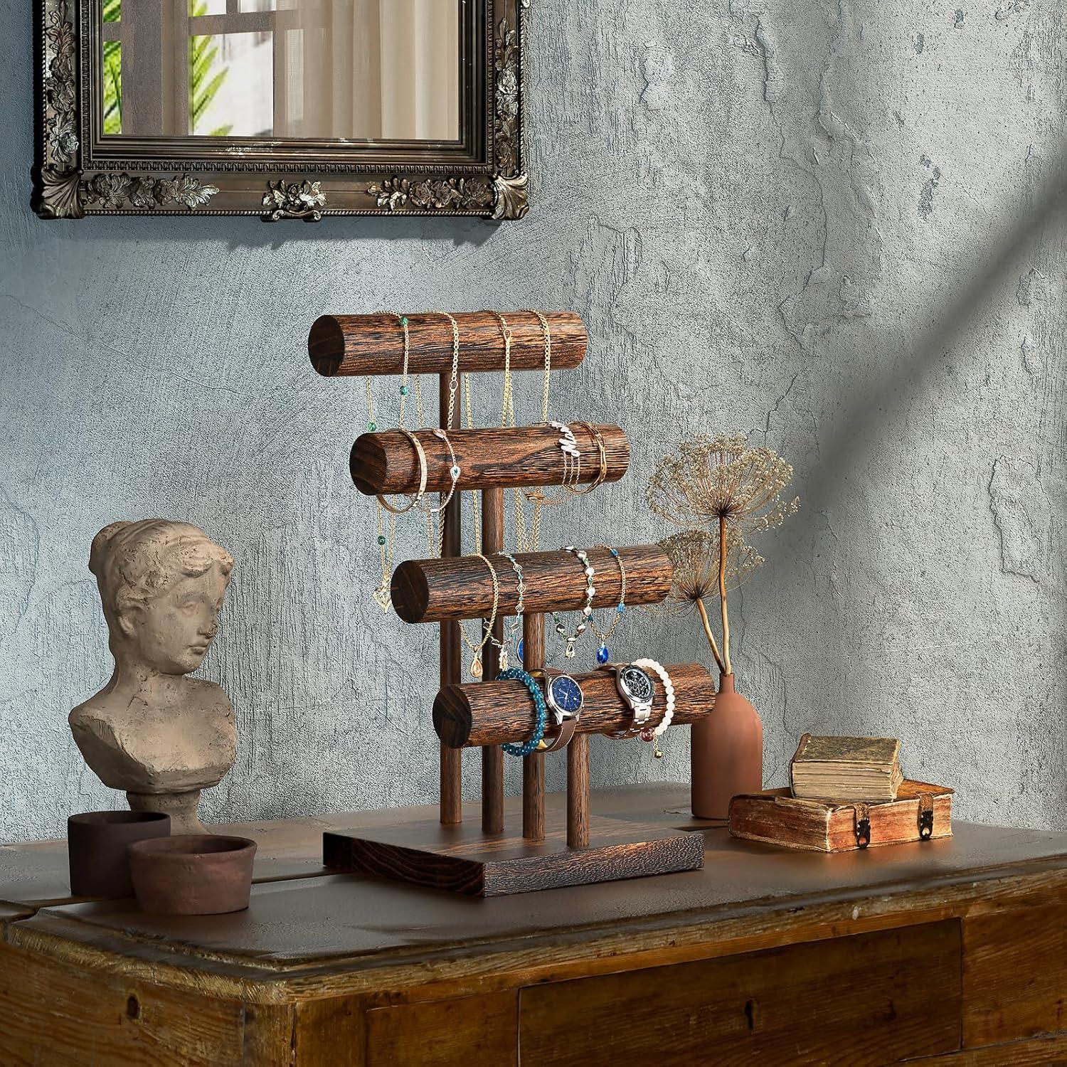 Gracie Oaks Bracelet Holder Display Bracelet Organizer, Wooden Bracelet Stand For Selling, T-Bar Bangle Storage Rack Wood Watch Display Tower For Business - 4 Tier, Brown | Wayfair