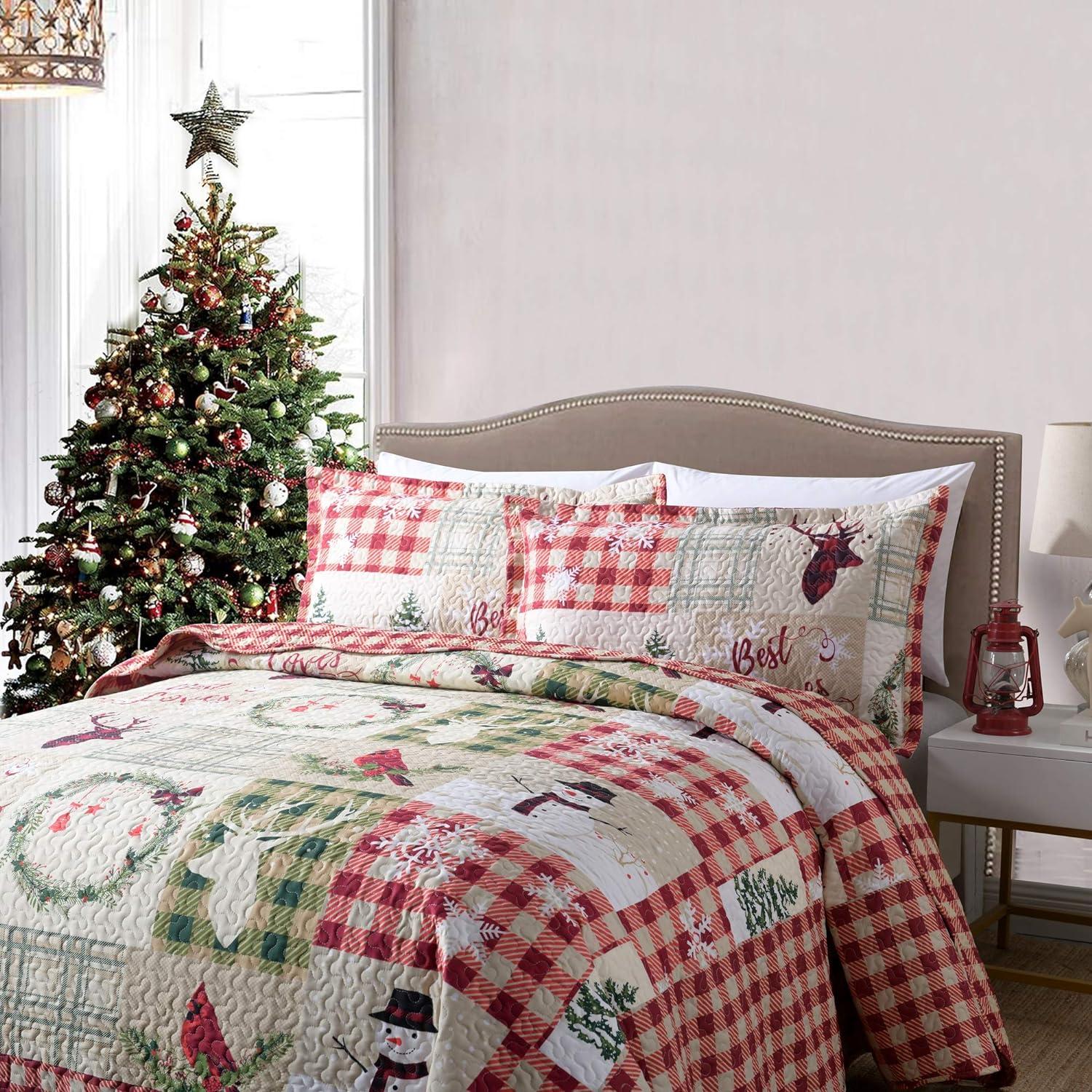 Christmas Quilt Set, Reversible Bedspread Coverlet, Lightweight Bed Cover, 1 Quilt 2 Pillow Shams