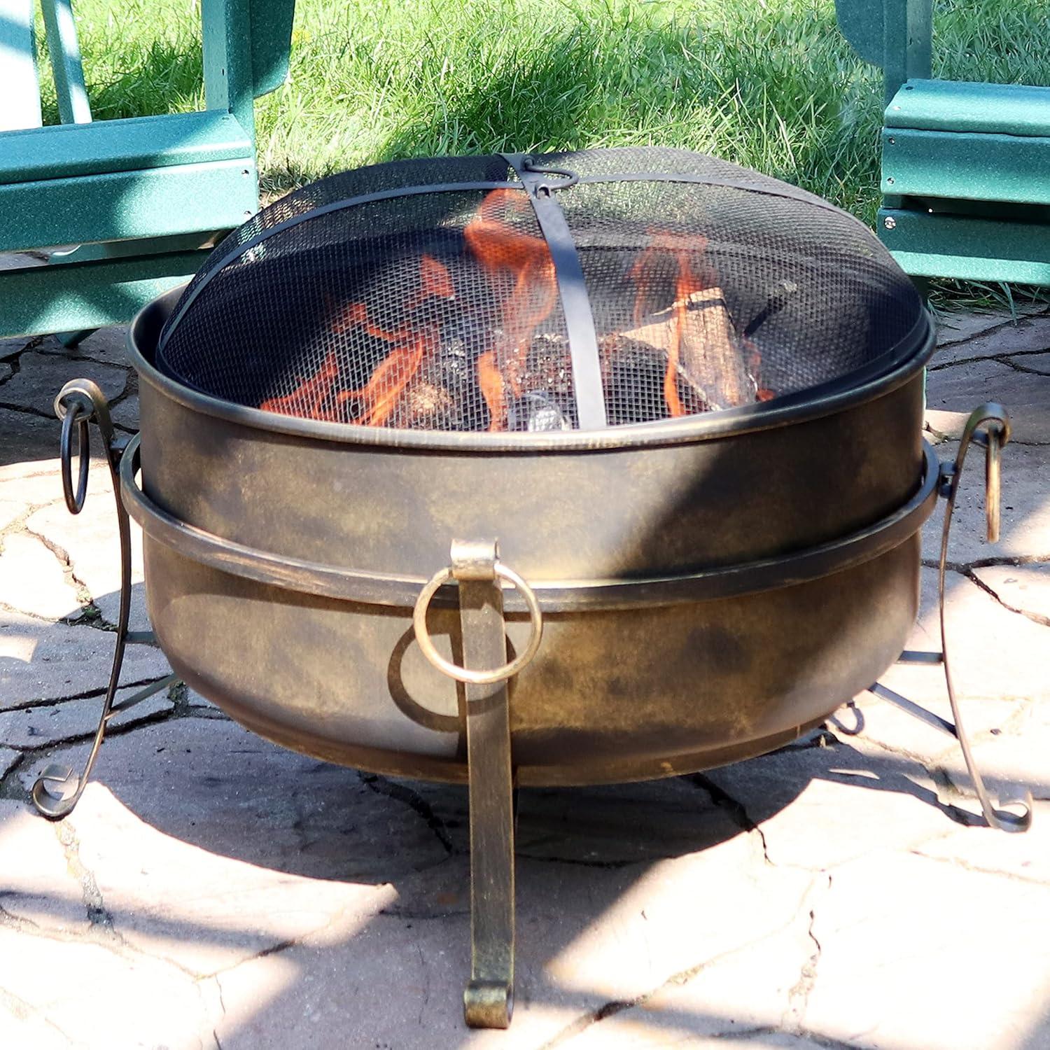 Sunnydaze Outdoor Camping or Backyard Round Cauldron Fire Pit with Spark Screen, Log Poker, and Metal Wood Grate - 24"