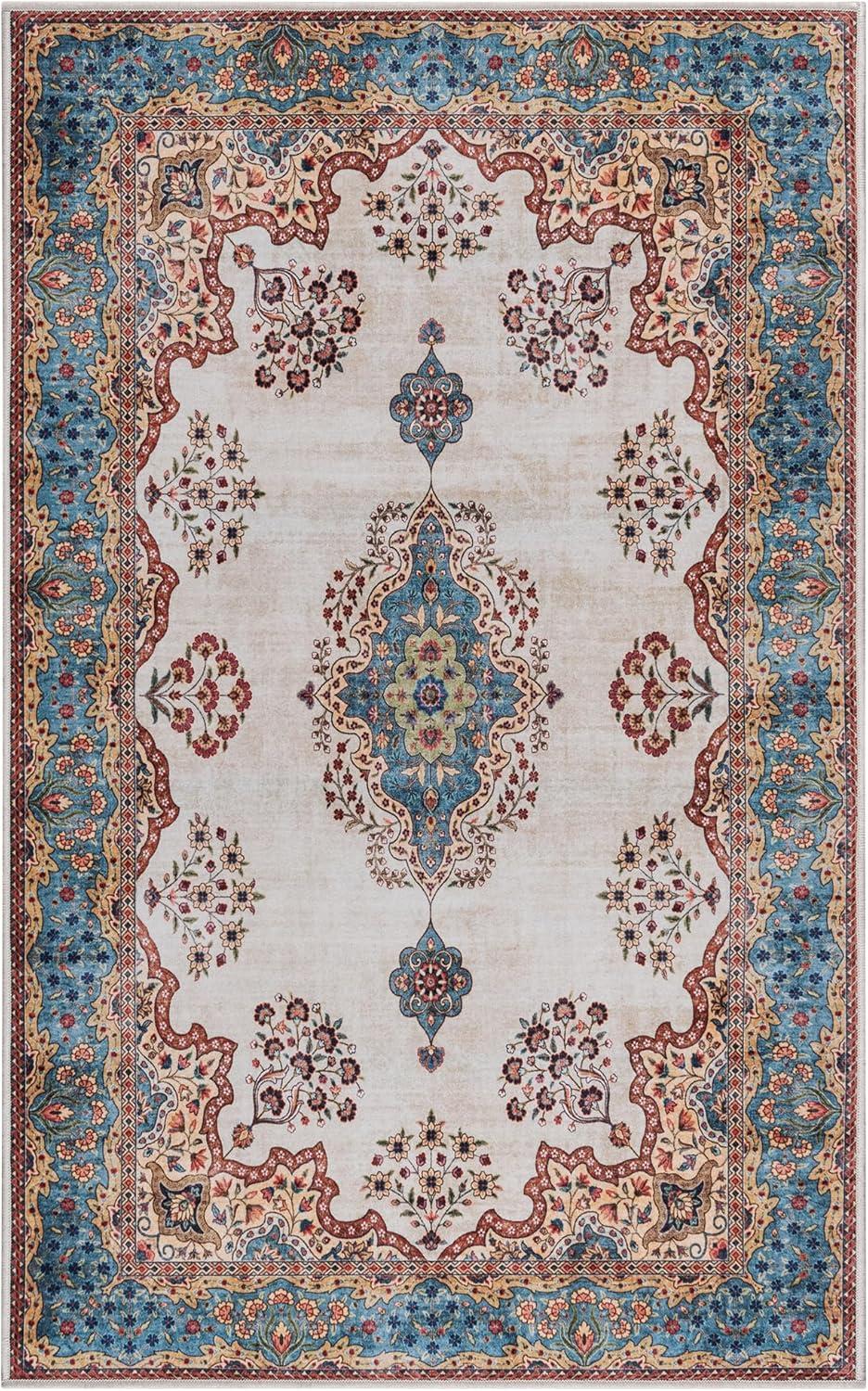 Ivory and Blue Traditional Medallion 3' x 5' Area Rug