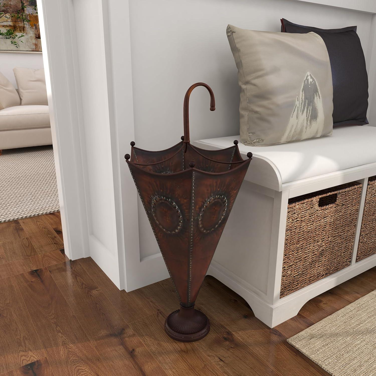DecMode Brown Metal Umbrella Stand with Embossed Emblems