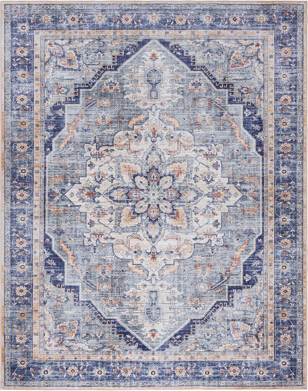 Gertmenian Crystal Print Tiefi Traditional Medallion Navy Blue Ivory Multi Washable Flat Pile Indoor Area Rug