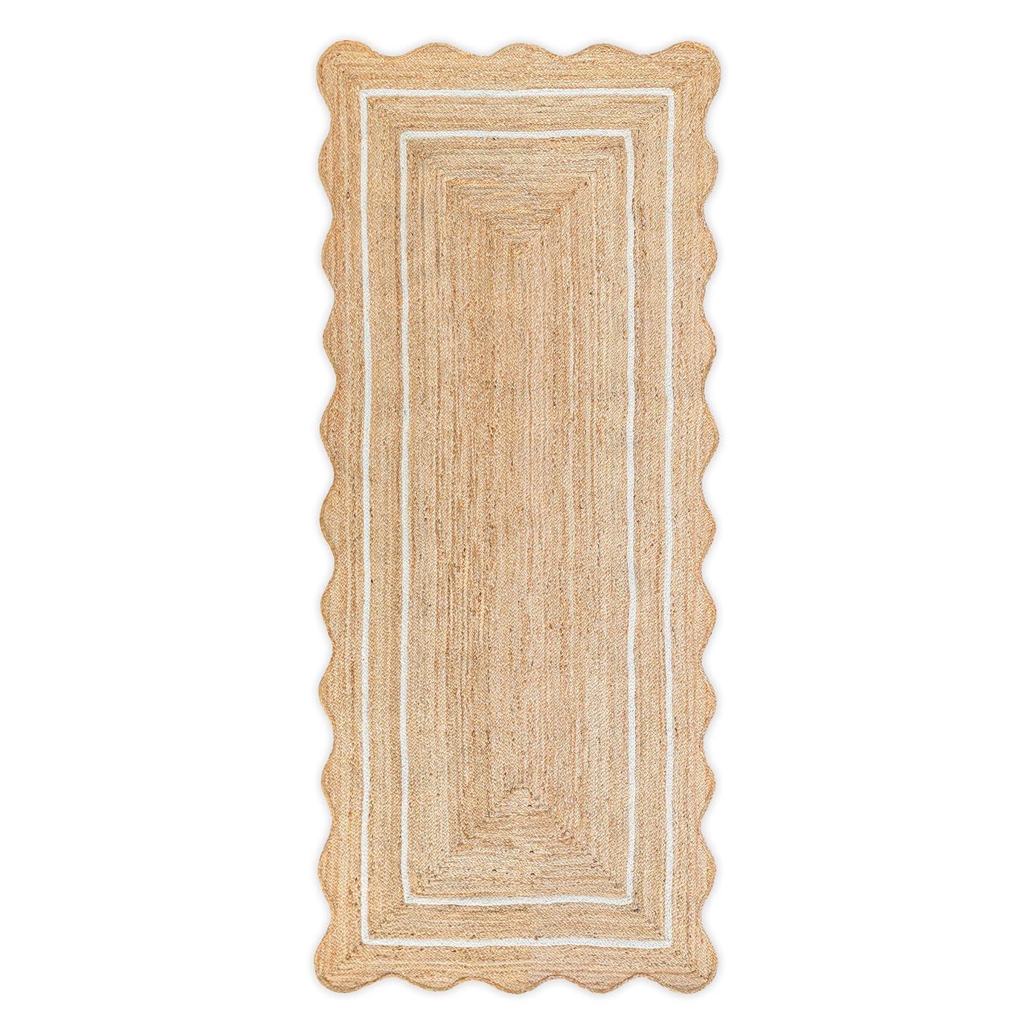 Weaving Village Wave Scalloped Natural Jute Rug Boho Jute Rug Entryway Runner Rug Farmhouse Scallop Rug, Off White (2'x6')