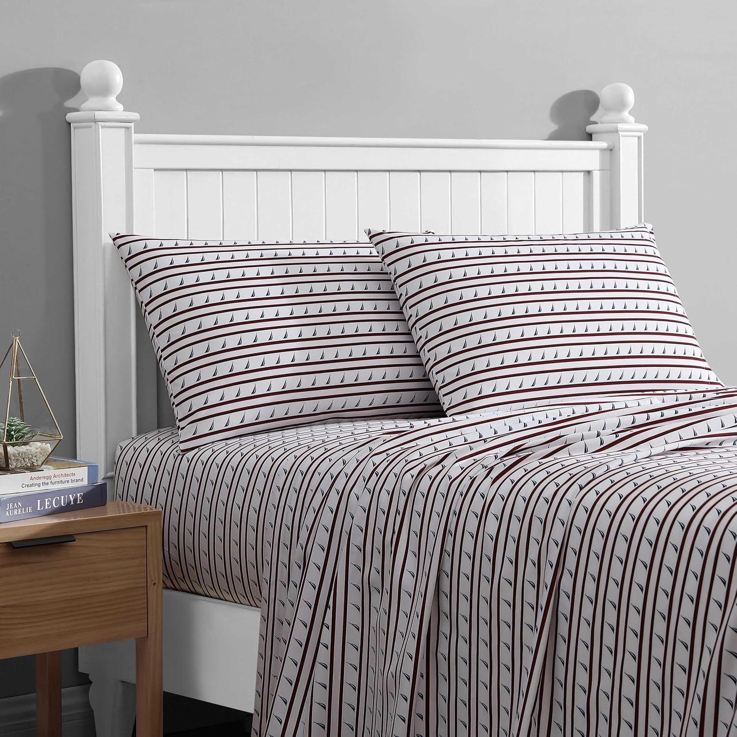 Full White and Red Striped Polyester Microfiber Bedding Set