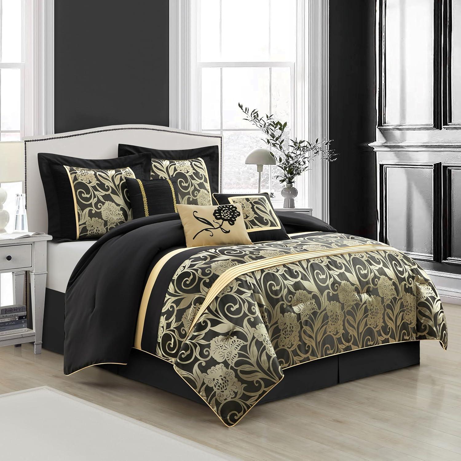 Nanshing America, Inc Fennville Black/Gold/Beige Microfiber 7 Piece Comforter Set