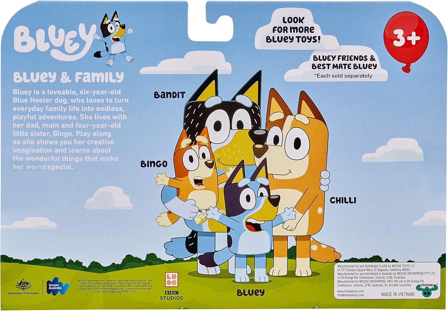 Bluey Family Figure 4-Pack, with Mum Dad Bingo Bluey, Ages 3+, Toddler Toys