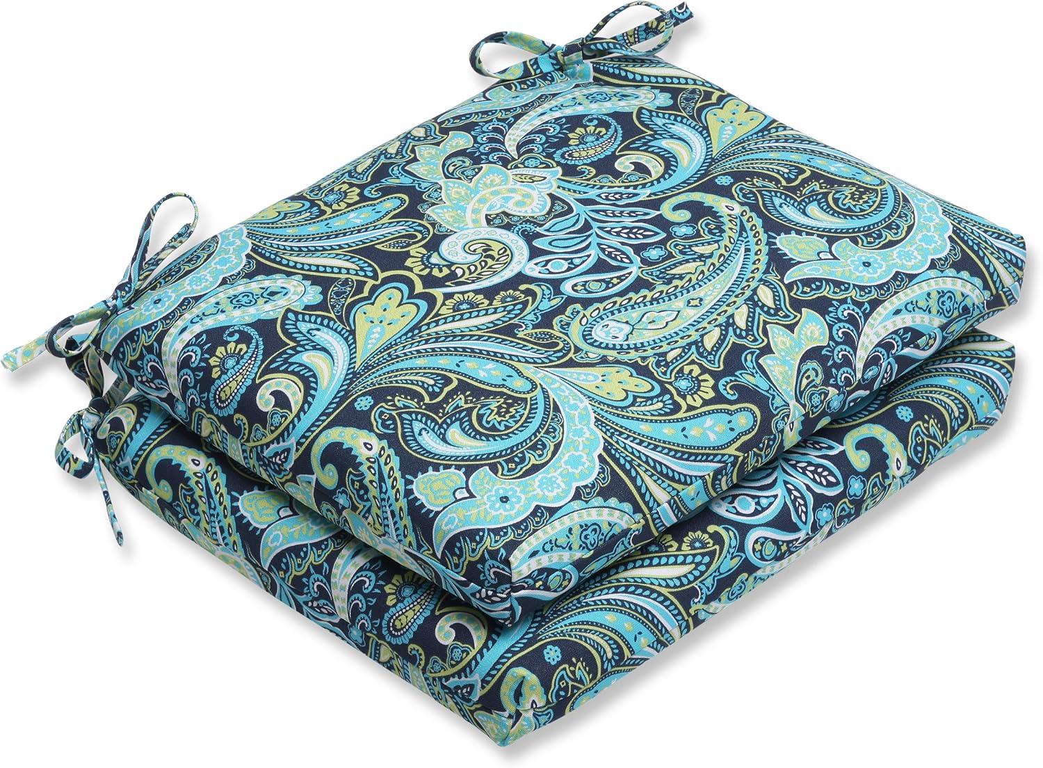 2pk Outdoor Square Edge Seat Cushion Set - Navy/Turqouise/Paisley - Pillow Perfect: Weather-Resistant with Ties, Zippered