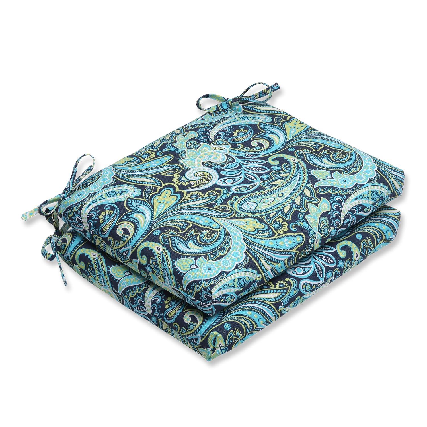 2pk Outdoor Square Edge Seat Cushion Set - Navy/Turqouise/Paisley - Pillow Perfect: Weather-Resistant with Ties, Zippered