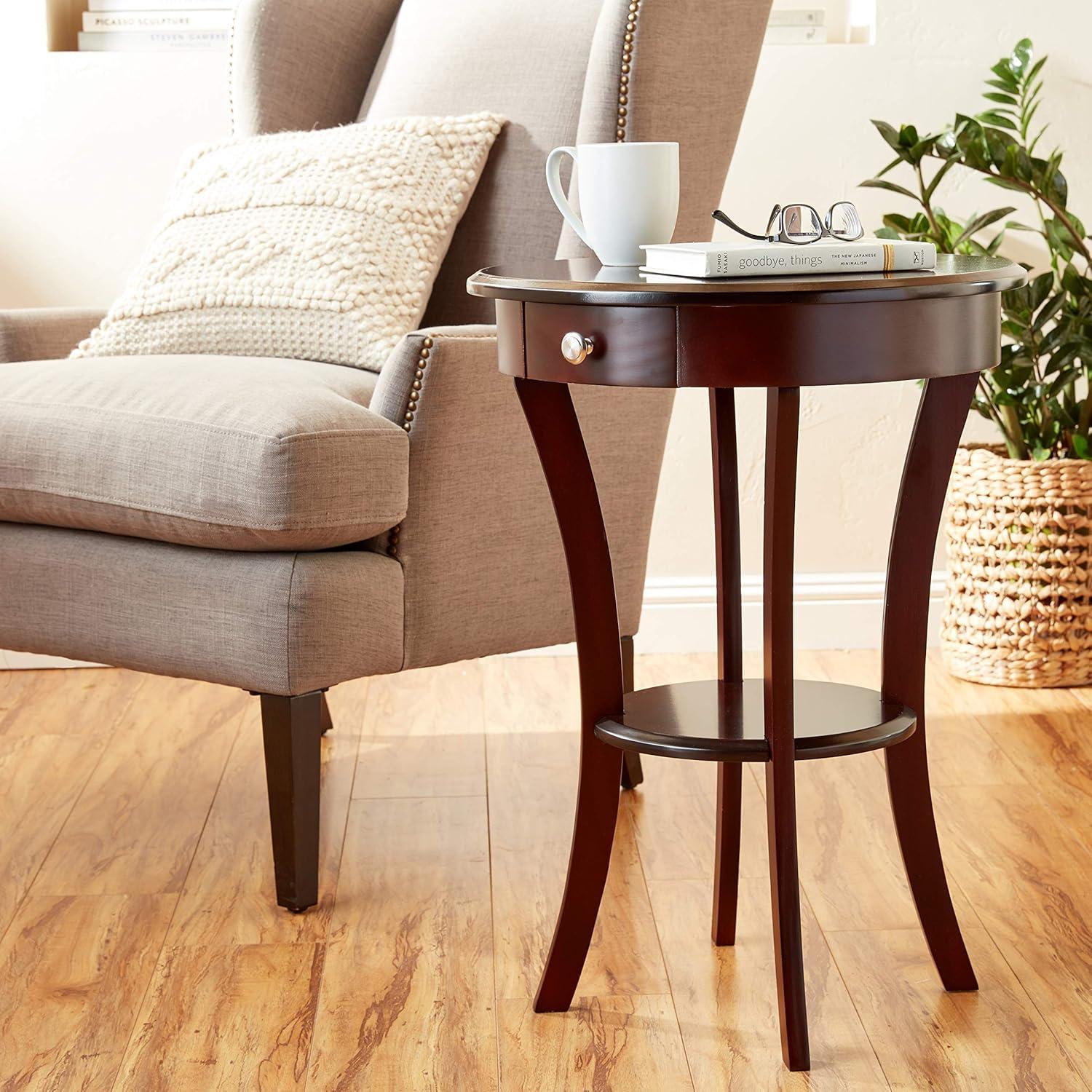 Espresso Wood Round End Table with Drawer and Shelf