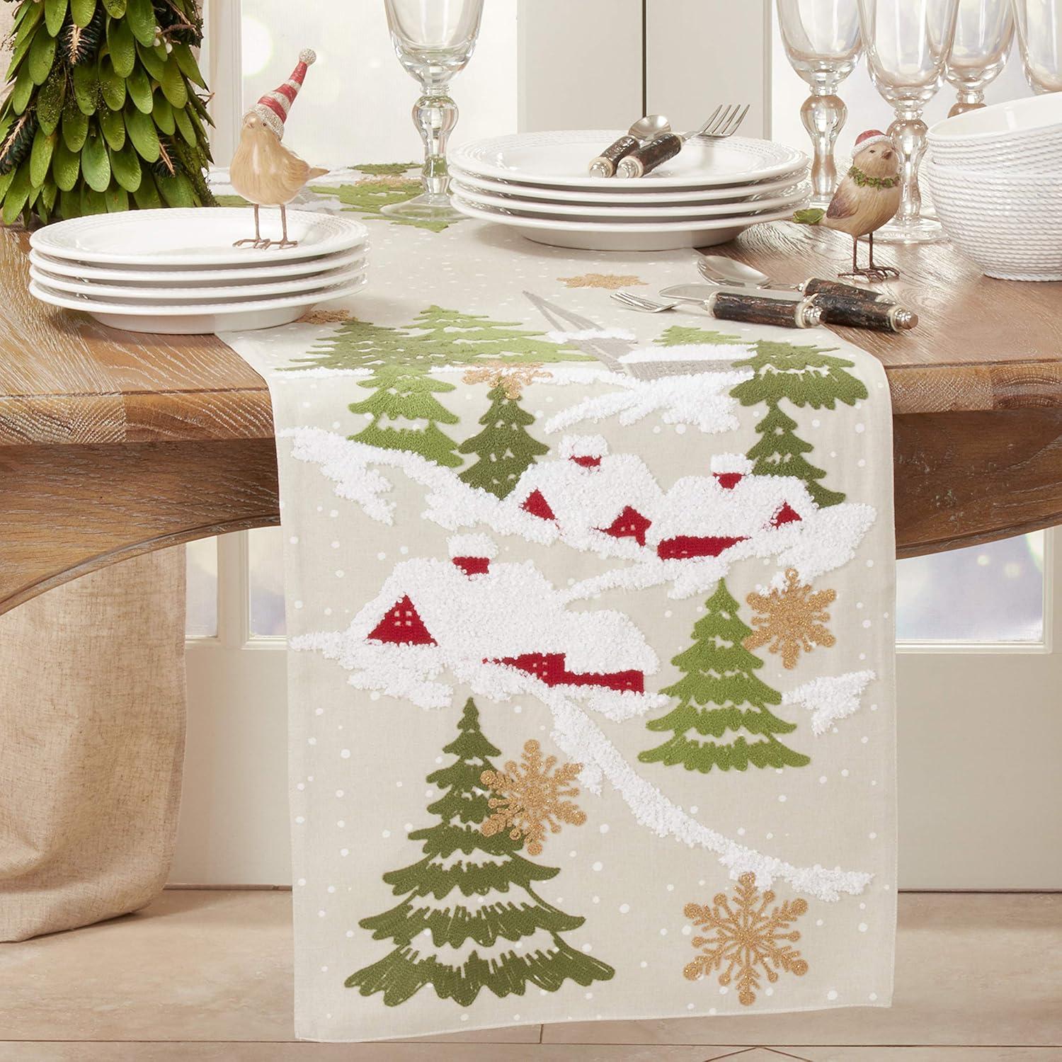 Natural Embroidered Christmas Mountain Polyester Table Runner