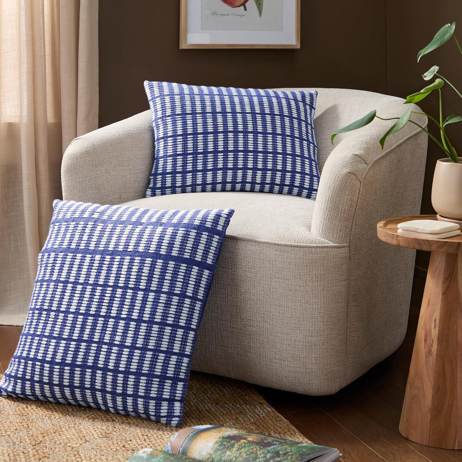 Blue and Ivory Geo Stripe Recycled Outdoor Pillow 20"x20"