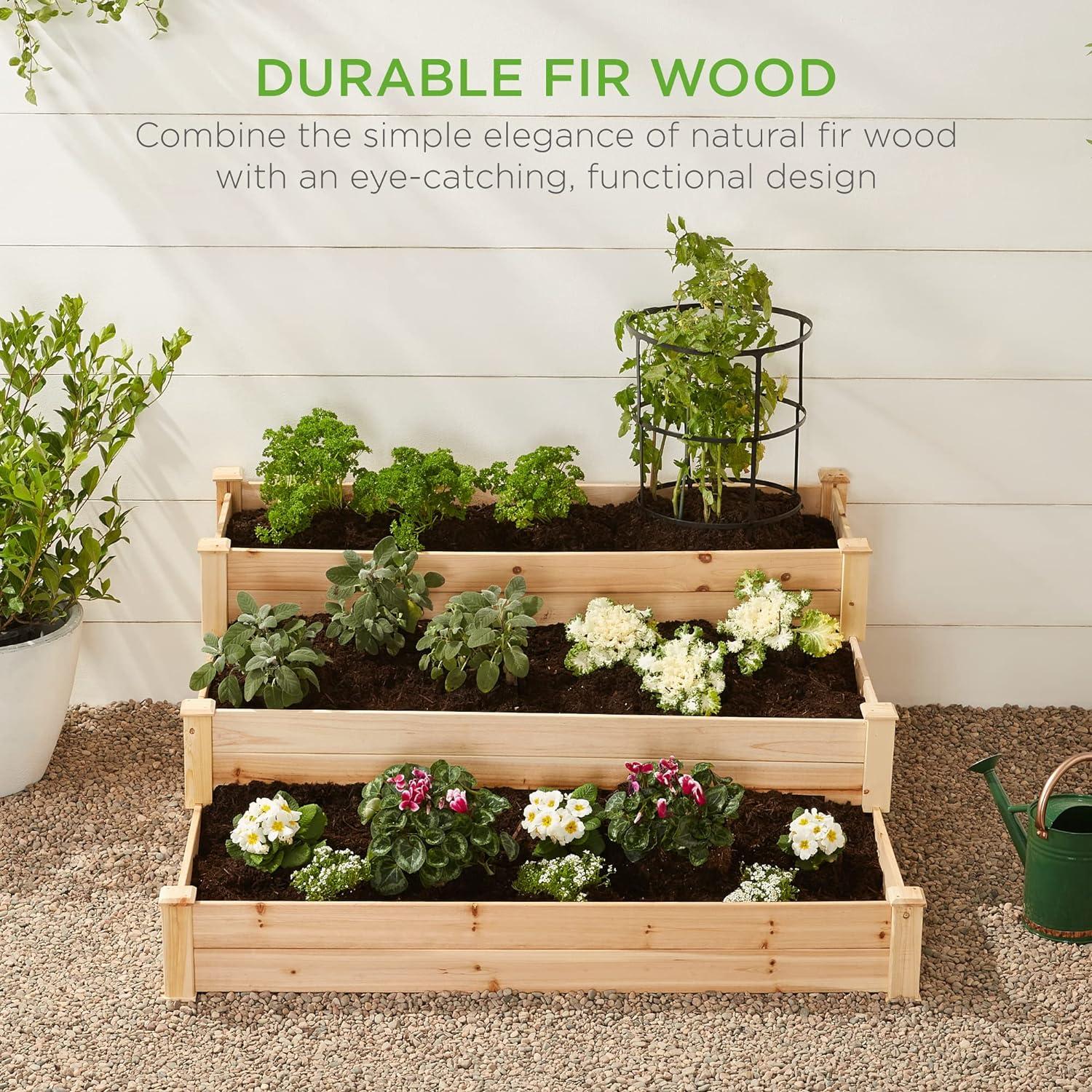 Best Choice Products 3-Tier Fir Wood Raised Garden Bed Planter for Plants, Vegetables, Outdoor Gardening - Natural