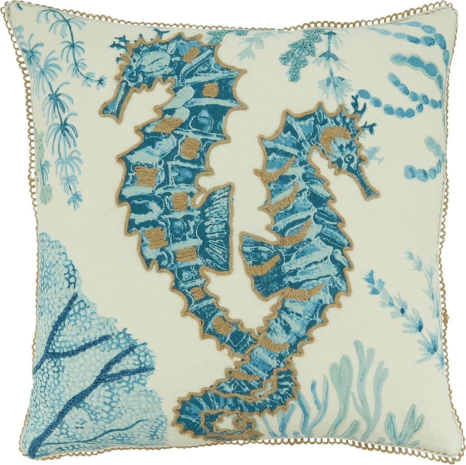 20" Aqua Blue Cotton Sea Horse Design Throw Pillow Cover