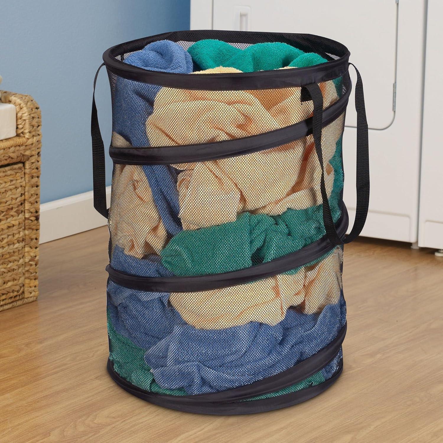 Pop-Up Mesh Laundry Hamper, Springform Steel Frame, Mesh Lining for Air Circulation, Large Capacity, Easy Set-Up, Compact Storage, Black