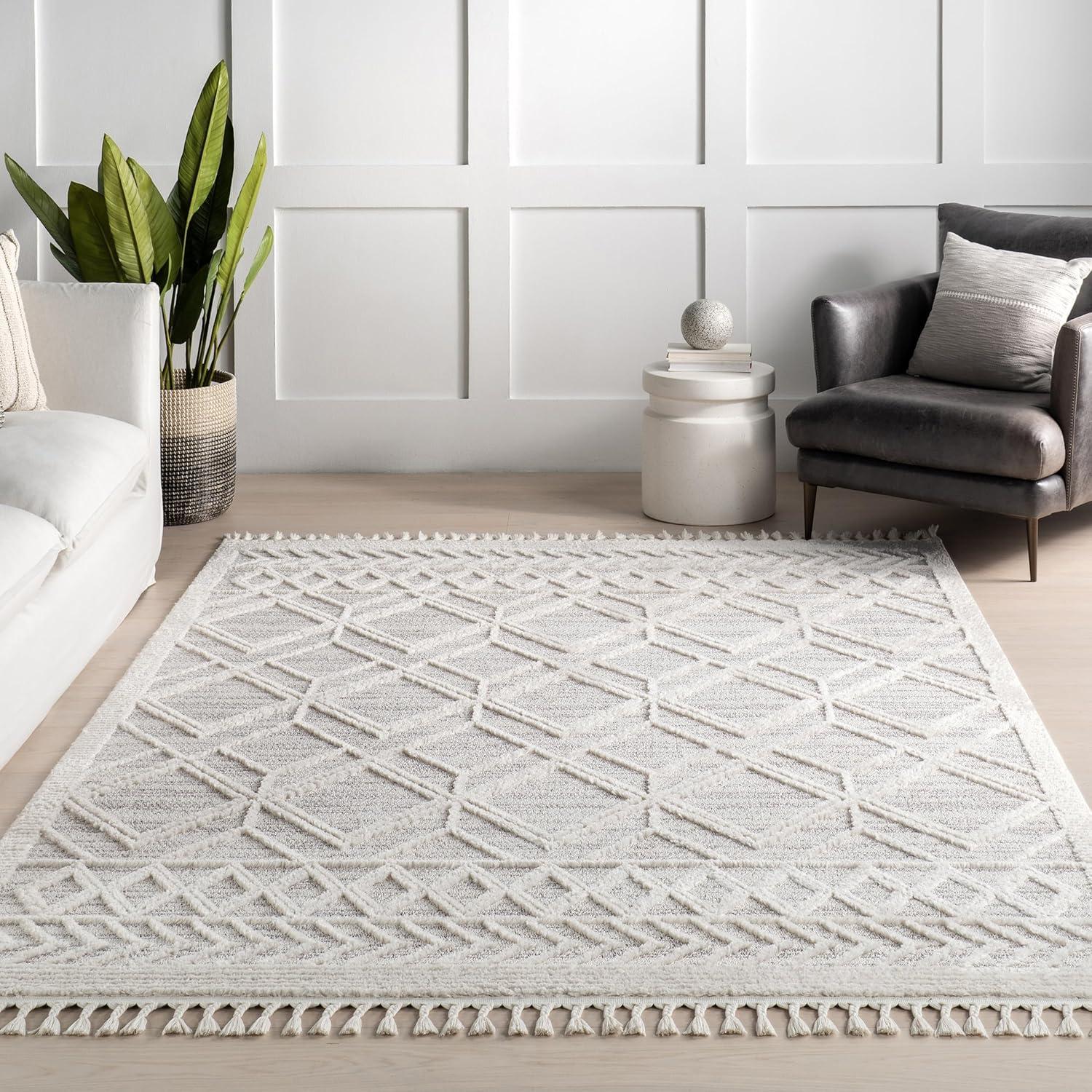 Nuloom 9x12 Ansley Moroccan Tassel Indoor Area Rug, Light Grey, Textured Bohemian Design, Plush High Pile, Stain Resistant, Bedroom, Living Room