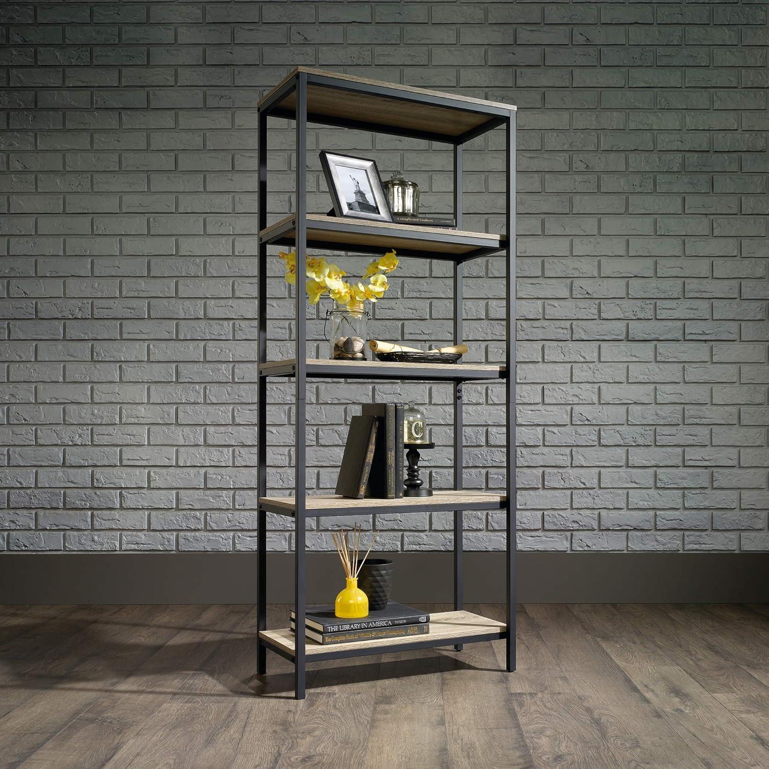 Sauder 56" North Avenue Tall Bookshelf Charter Oak: Scandinavian Style, 4-Tier Metal Frame Shelving