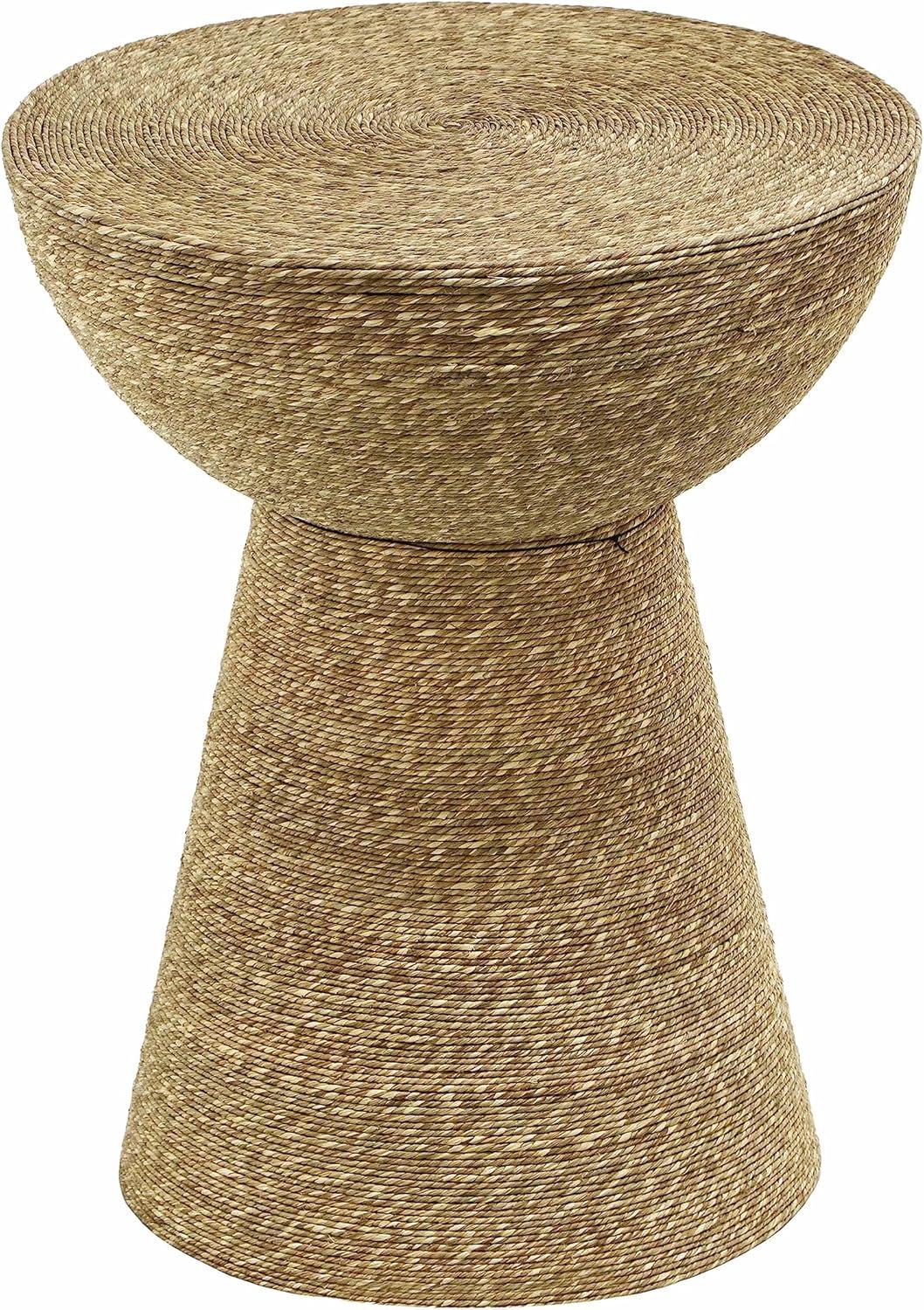 Beige Round Seagrass and Iron Side Table