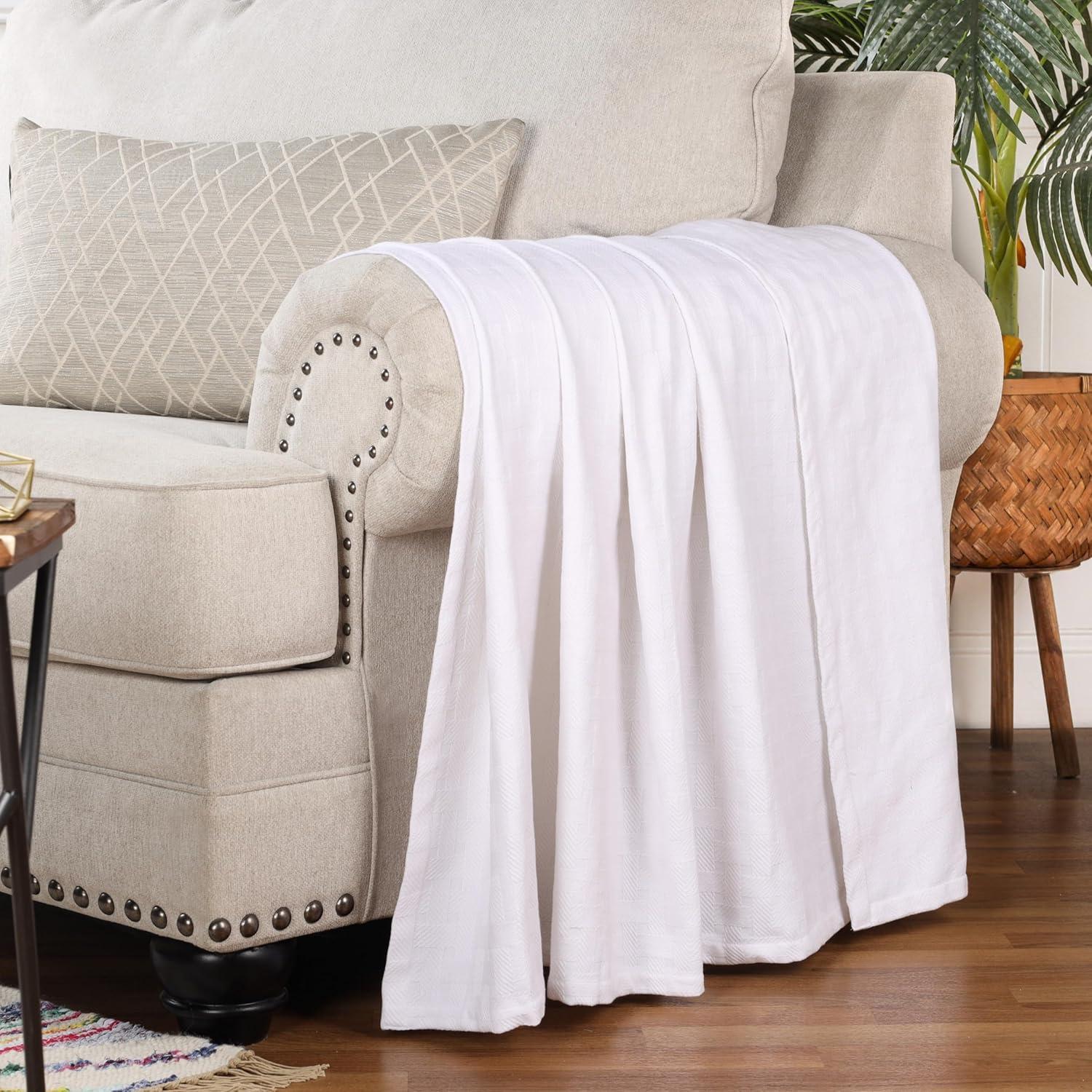 Superior Basketweave All-Season Cotton Blanket, Throw (Non-Standard), White
